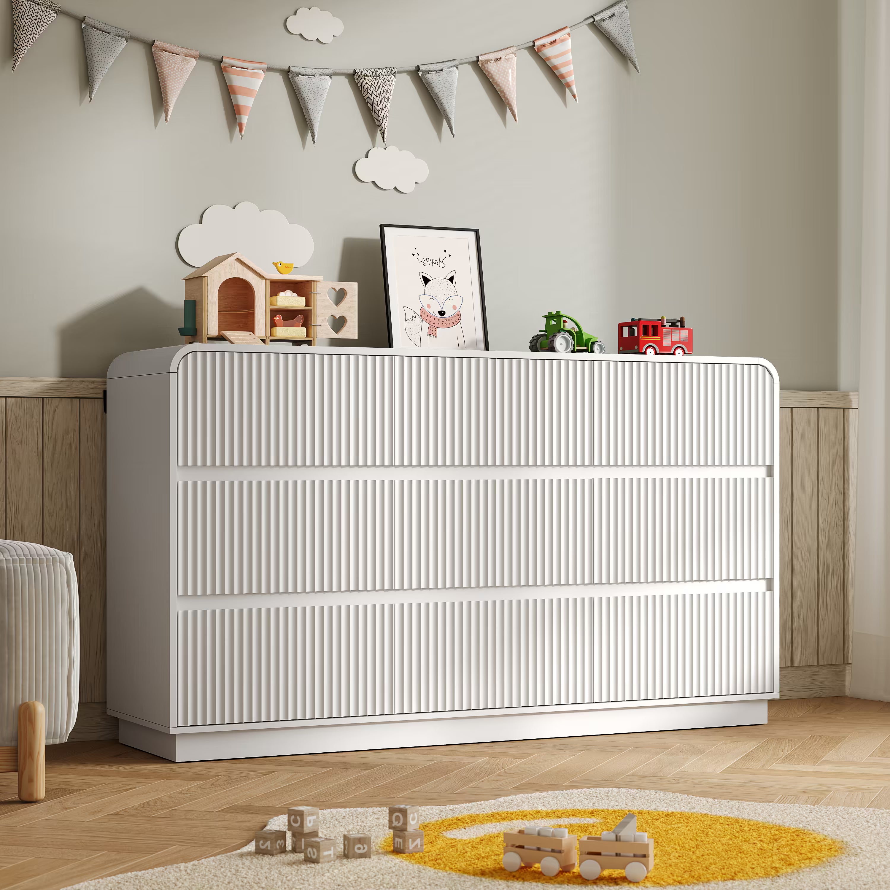 Mother and baby enjoying a clean and organized nursery with our premium white wood dresser