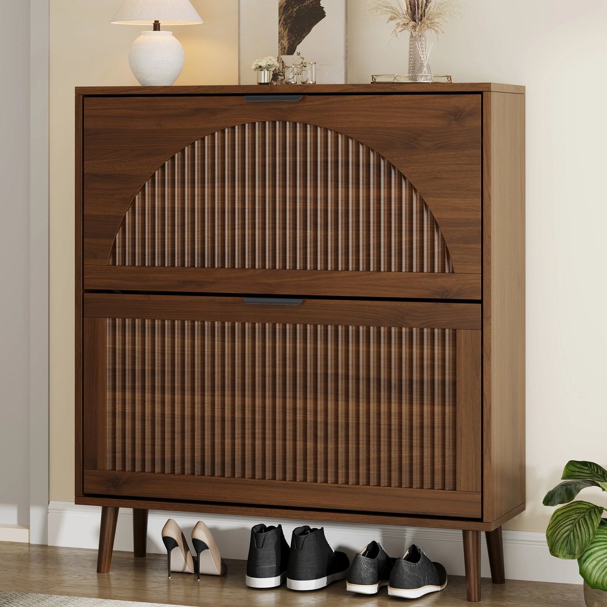 Anymaple Elora two-drawer slim shoe cabinet in walnut finish, closed three-quarter view