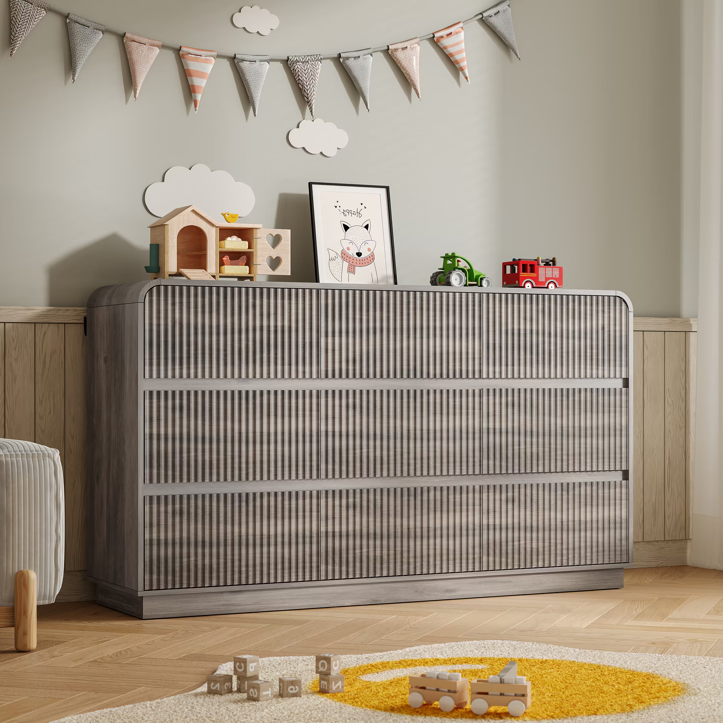 Mother and baby enjoying a clean and organized nursery with our premium gray wood dresser