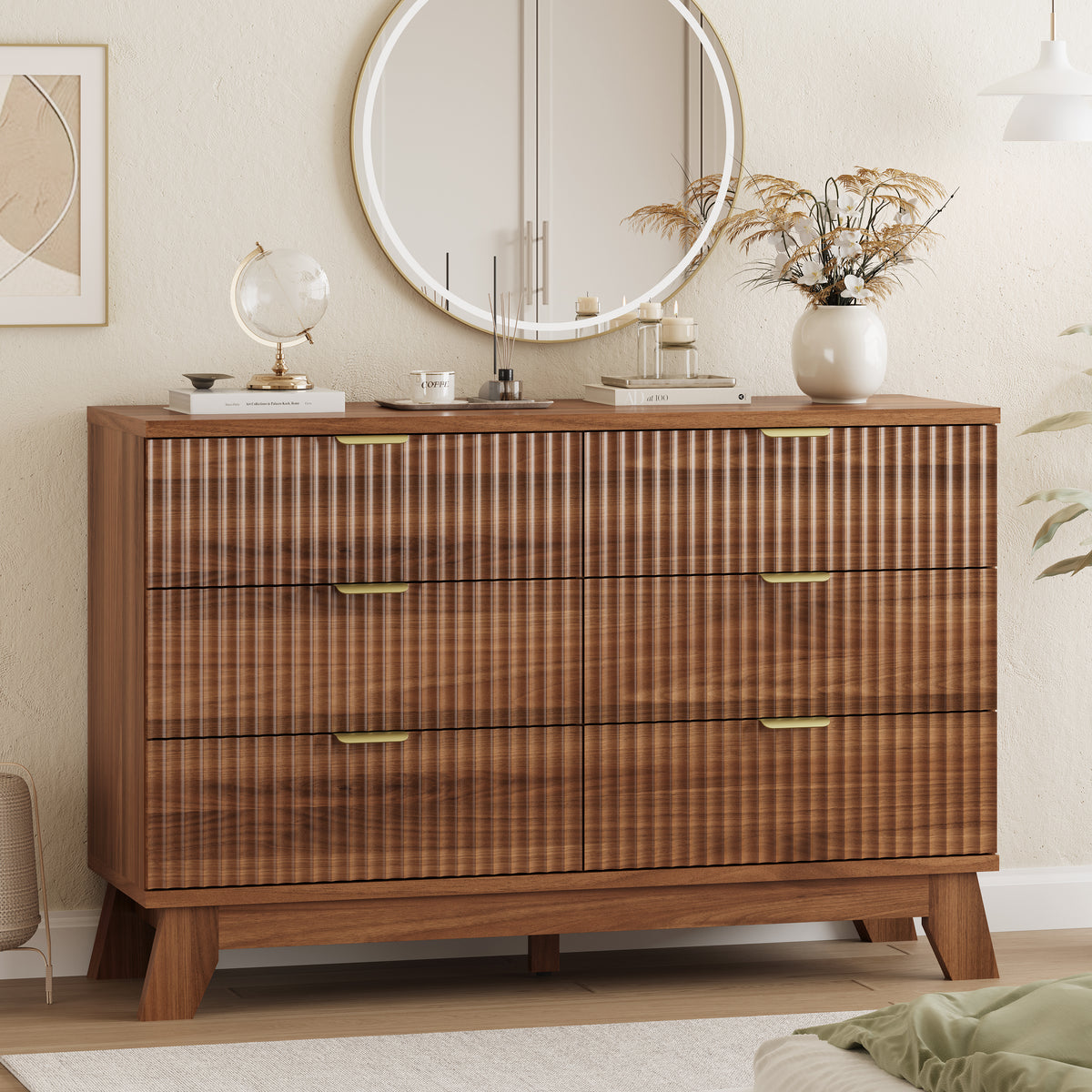 Linear Fluted 6-Drawer Wide Dresser