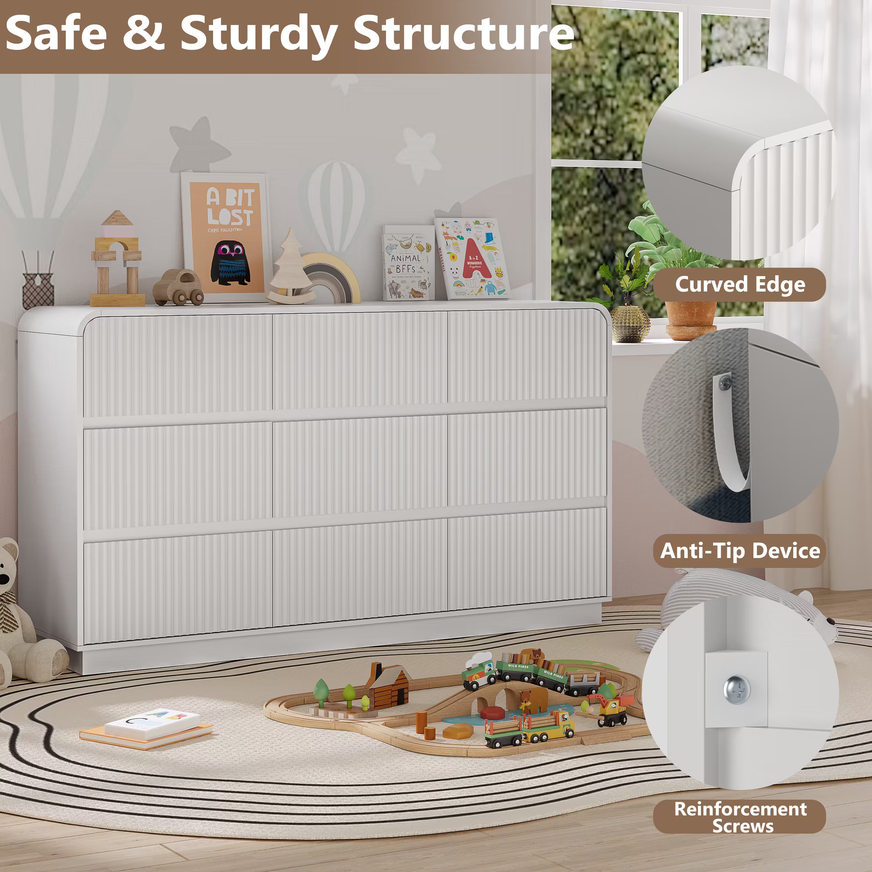 Two fluted white wood dressers styled side by side in a modern kids bedroom setting