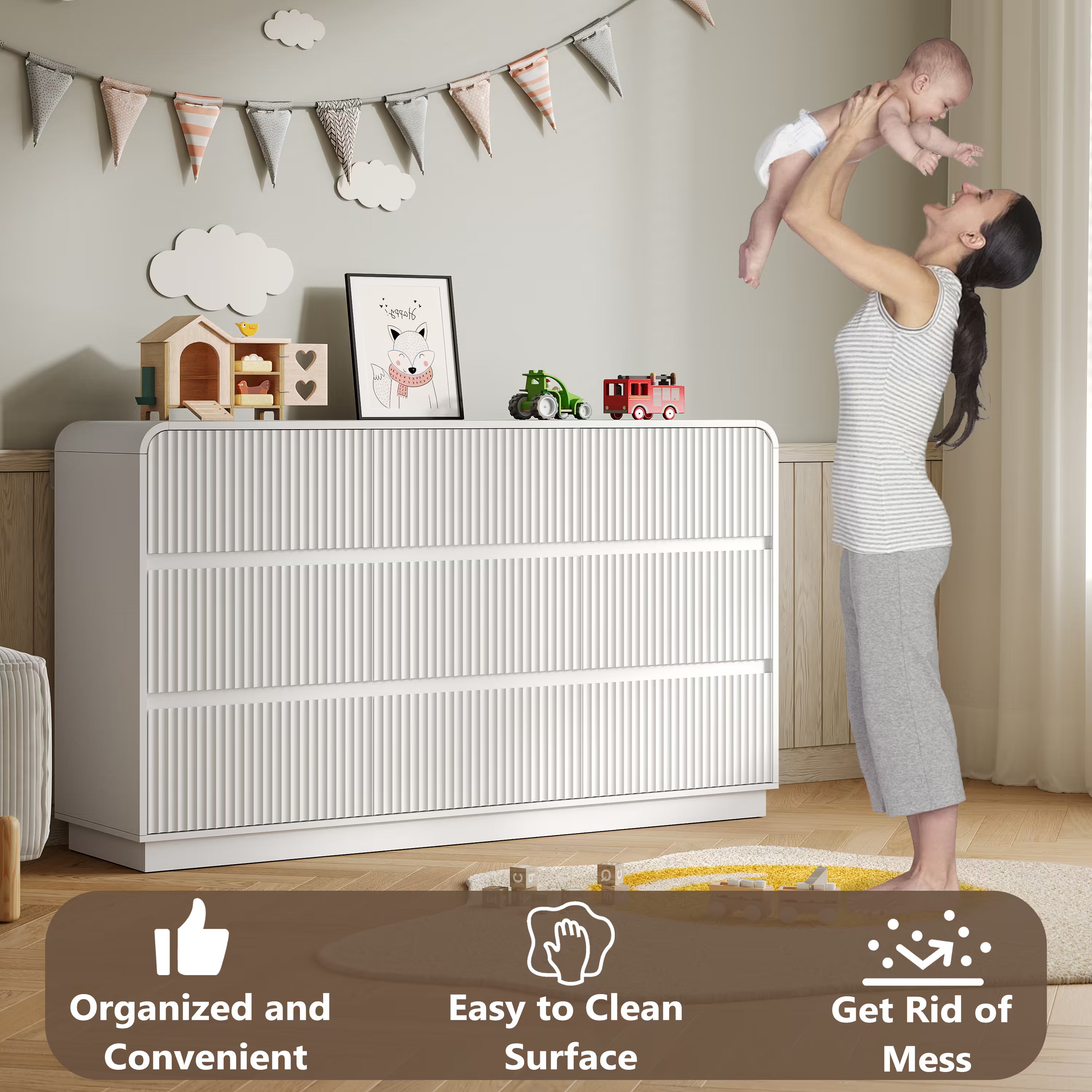 Safety features of the white nursery dresser including curved edges and anti-tip wall device