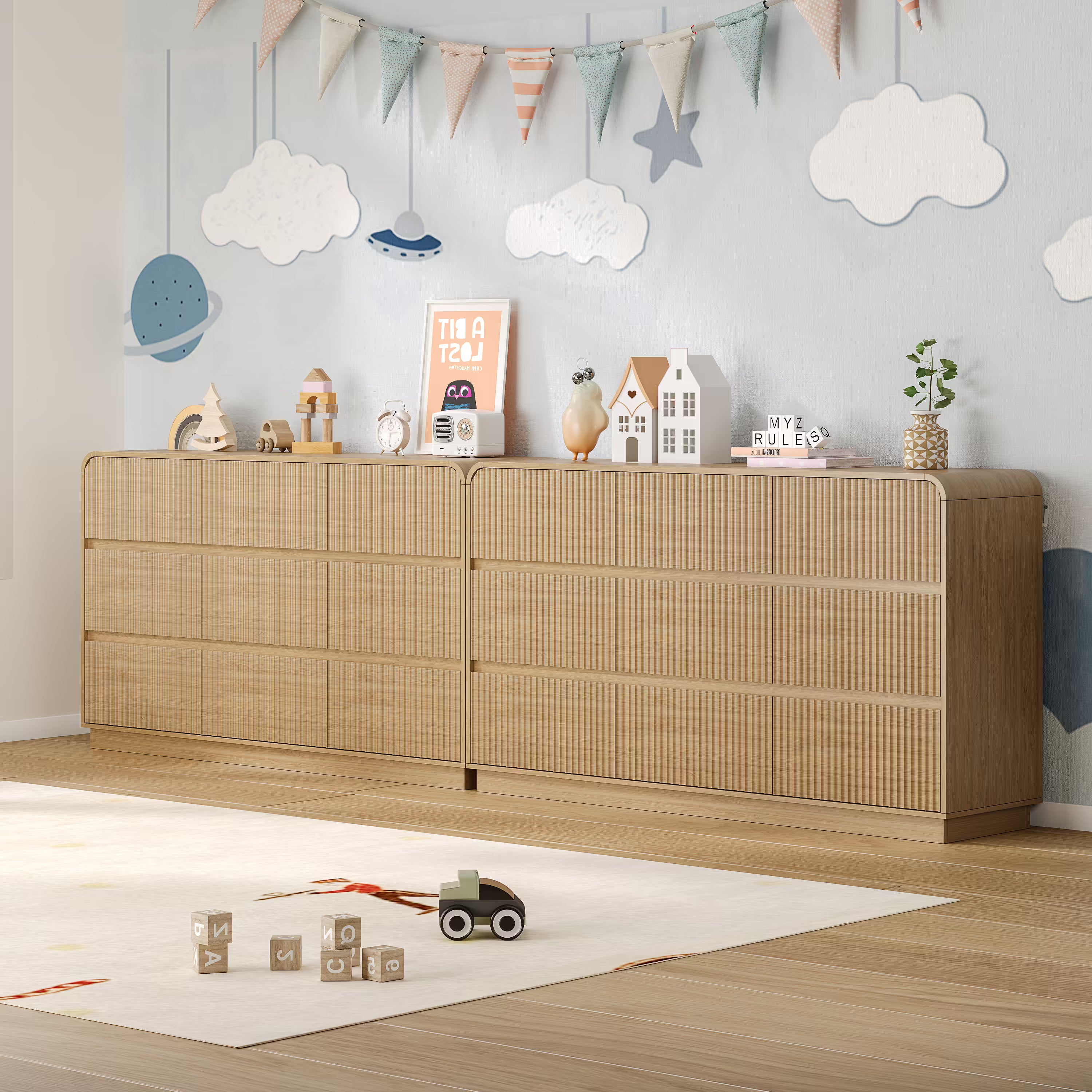 Child playing safely on the floor next to a sturdy fluted oak wood kids dresser