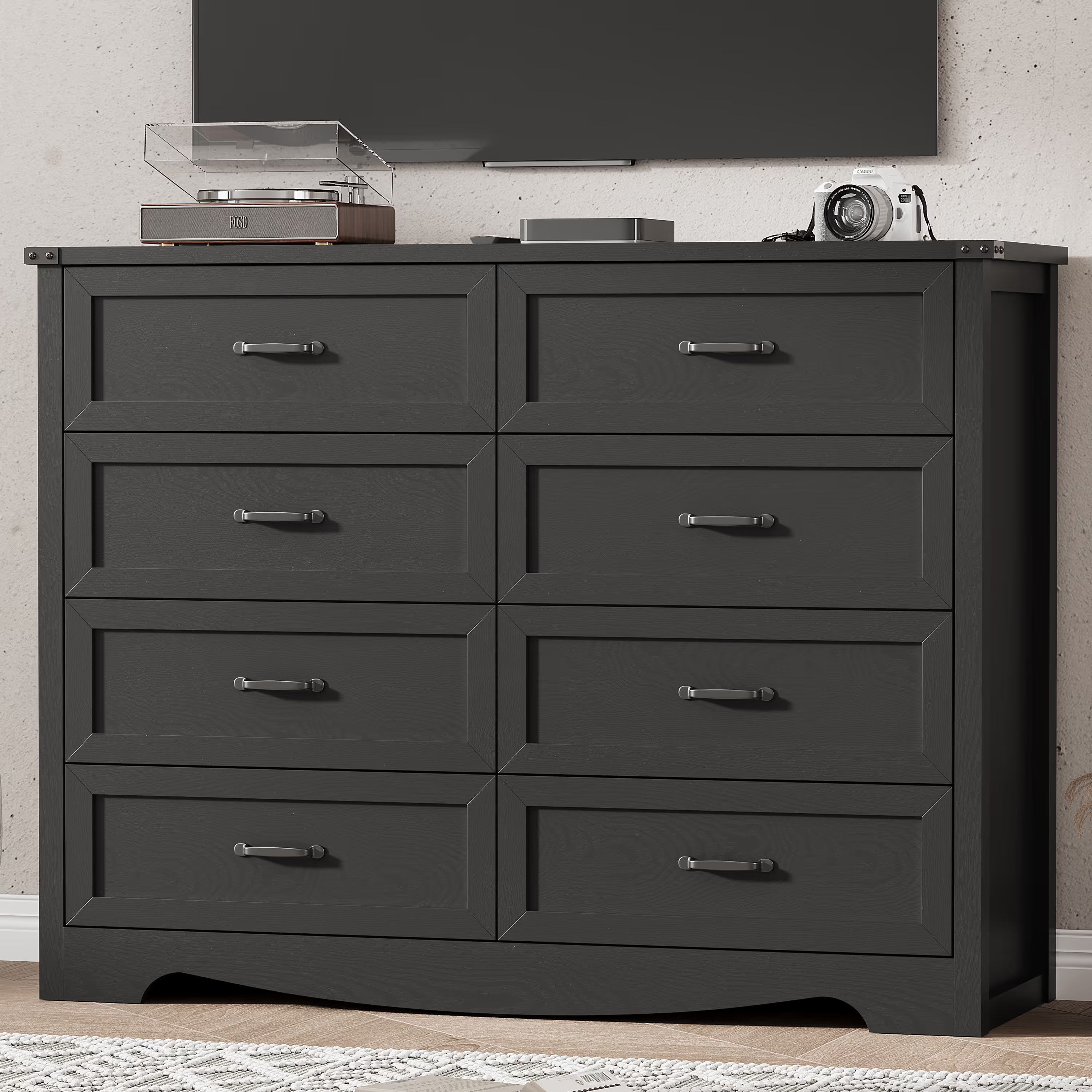 Anymaple Marlow Collection Black 8-drawer tall dresser with deep storage drawers and black metal handles, TV stand room view
