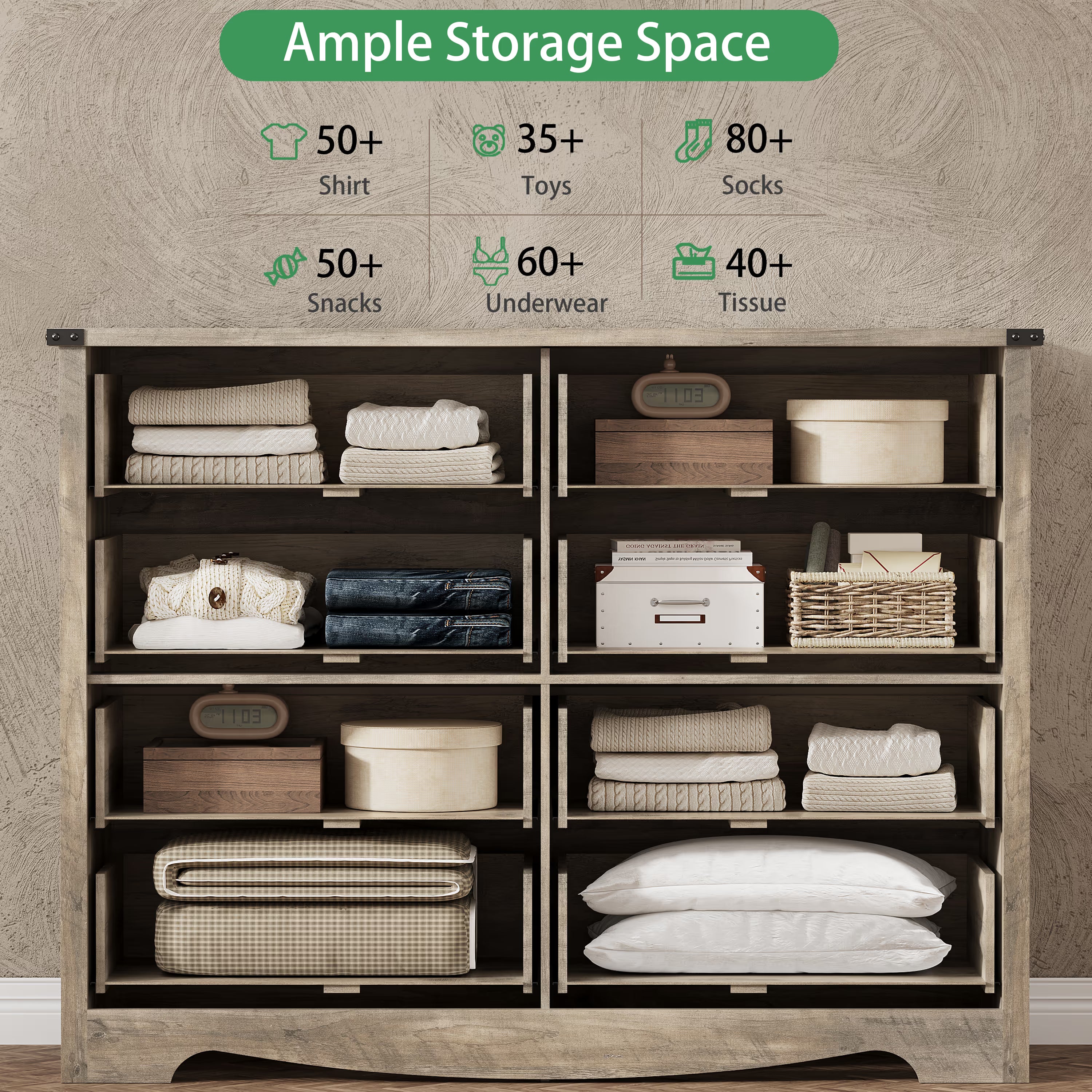 Anymaple Marlow Collection Gray Oak 8-drawer tall dresser with deep storage drawers and black metal handles, ample storage space