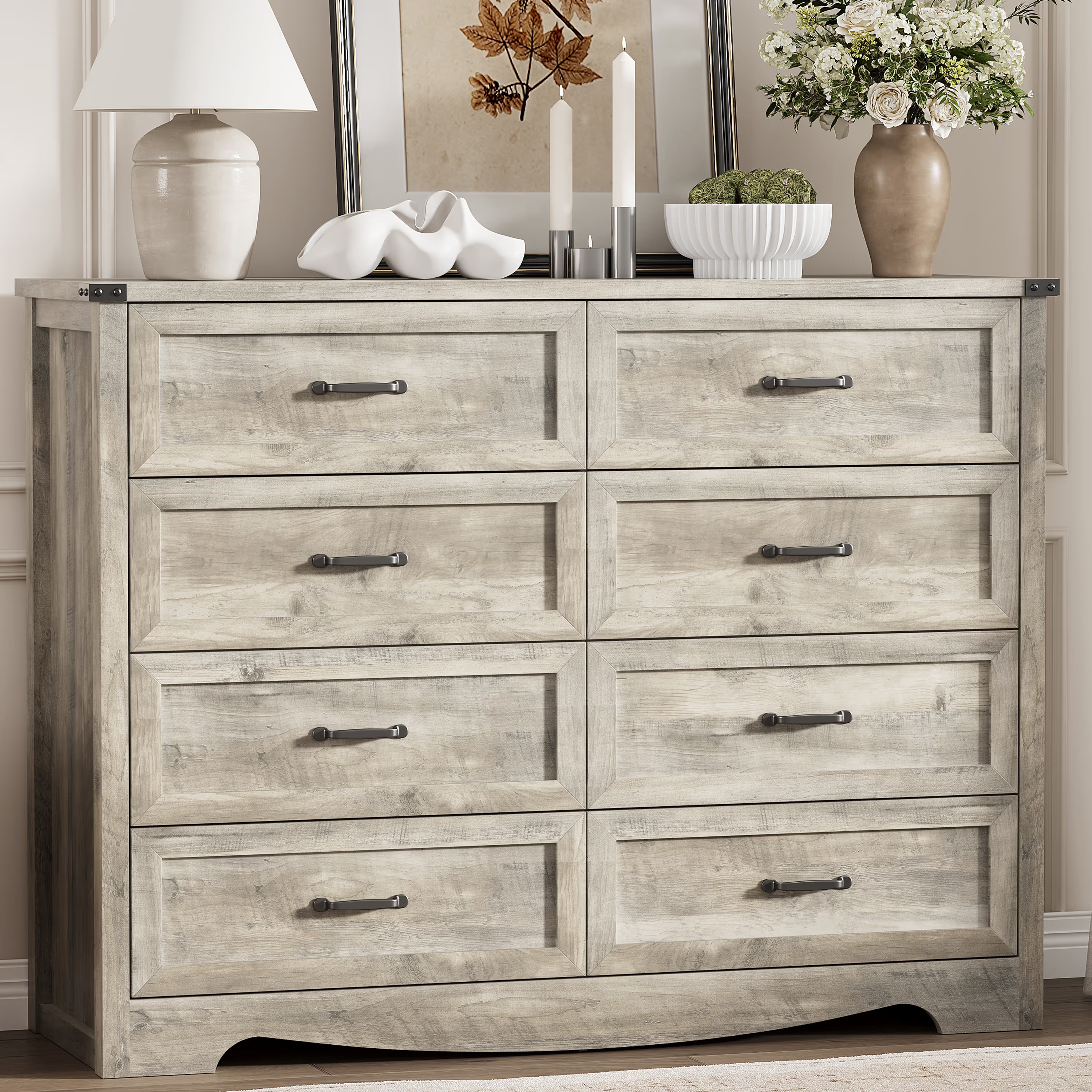 Anymaple Marlow Collection Gray Oak 8-drawer tall dresser with deep storage drawers and black metal handles, front storage view