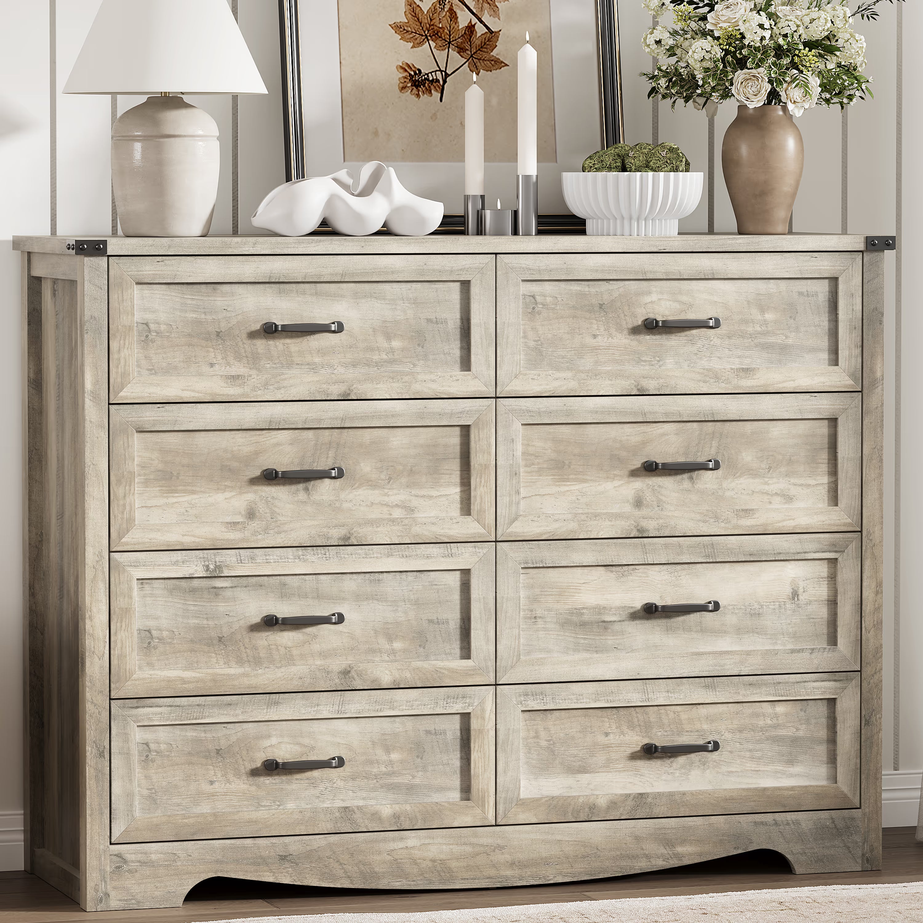 Anymaple Marlow Collection Gray Oak 8-drawer tall dresser with deep storage drawers and black metal handles, front storage view