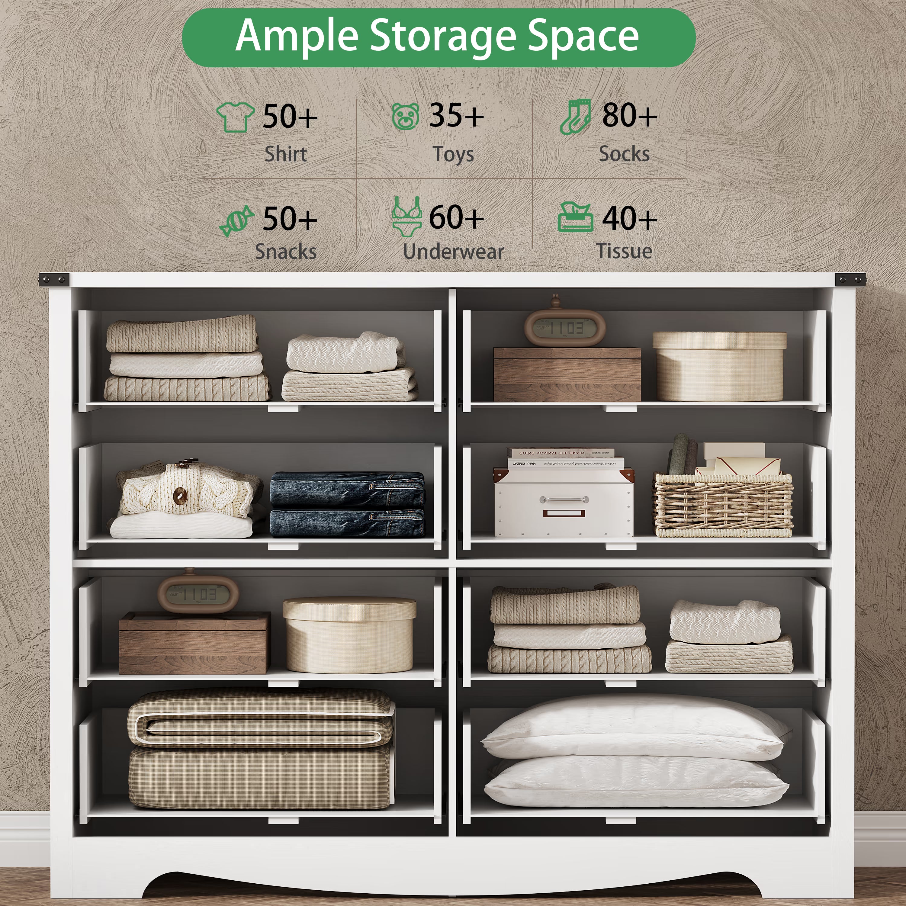 Anymaple Marlow Collection White 8-drawer tall dresser with deep storage drawers and black metal handles, ample storage space