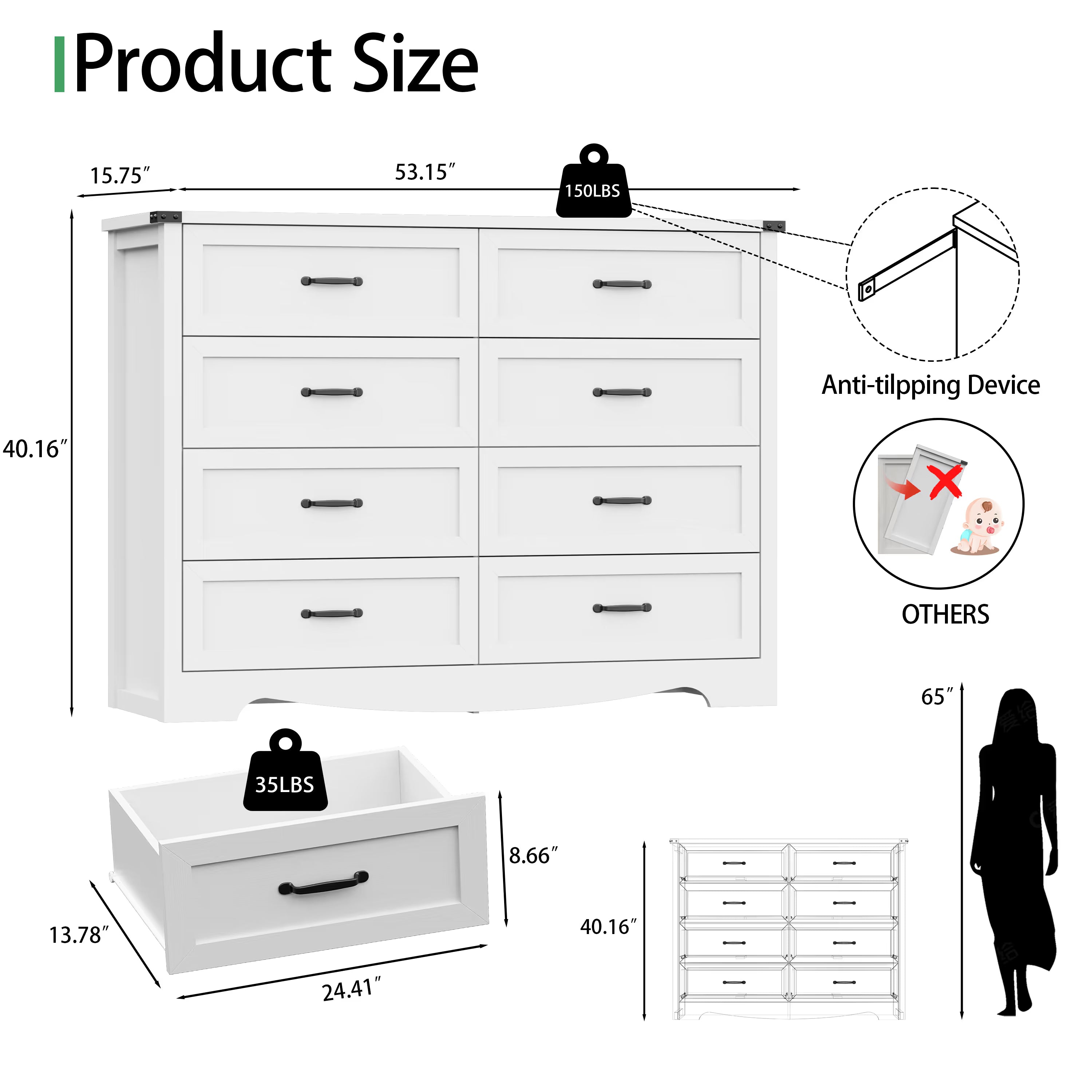 Anymaple Marlow Collection White 8-drawer tall dresser product size dimensions, 53"W x 16"D x 40"H bedroom chest of drawers