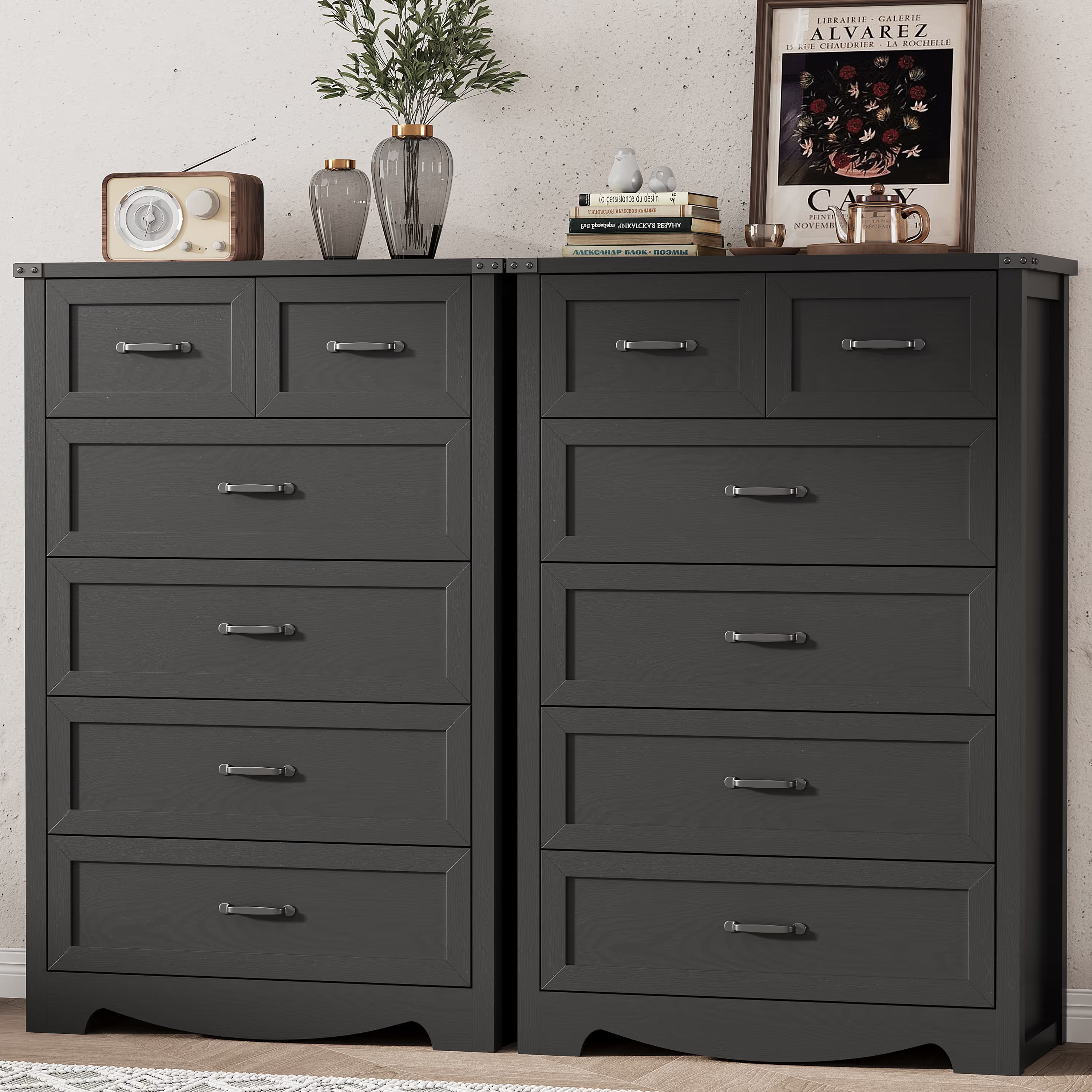 Anymaple Marlow Collection Black 6-drawer tall dresser with deep storage drawers and black metal handles, TV stand room view