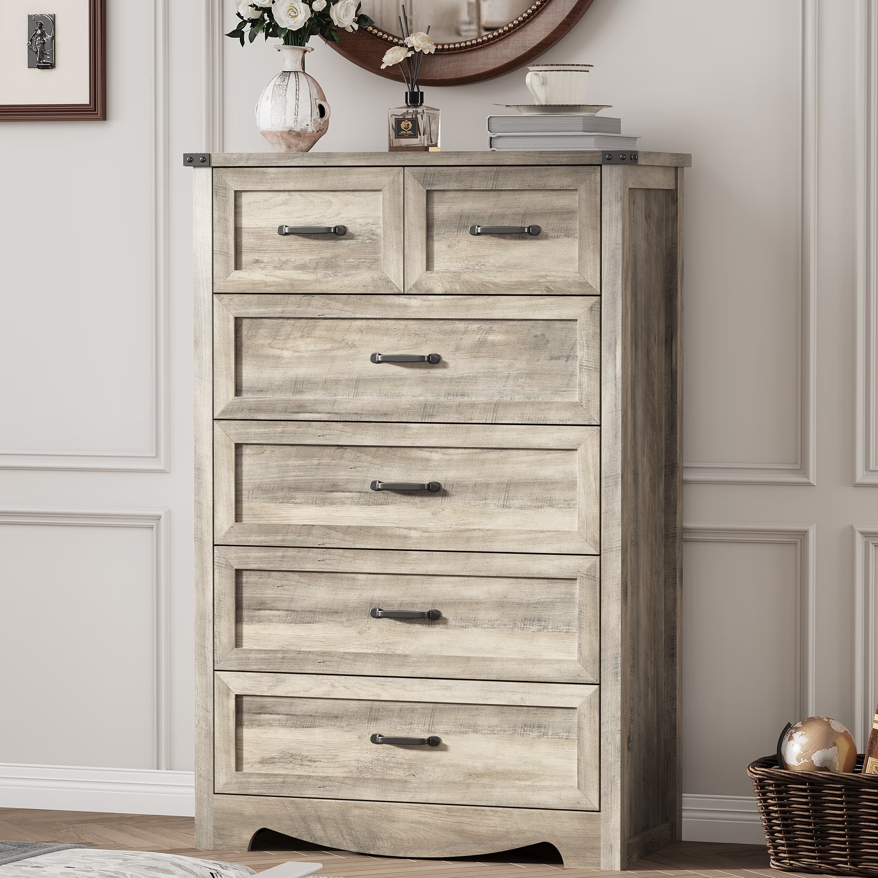 Anymaple Marlow Collection Gray 6-drawer tall dresser with deep storage drawers and black metal handles, bedroom main view