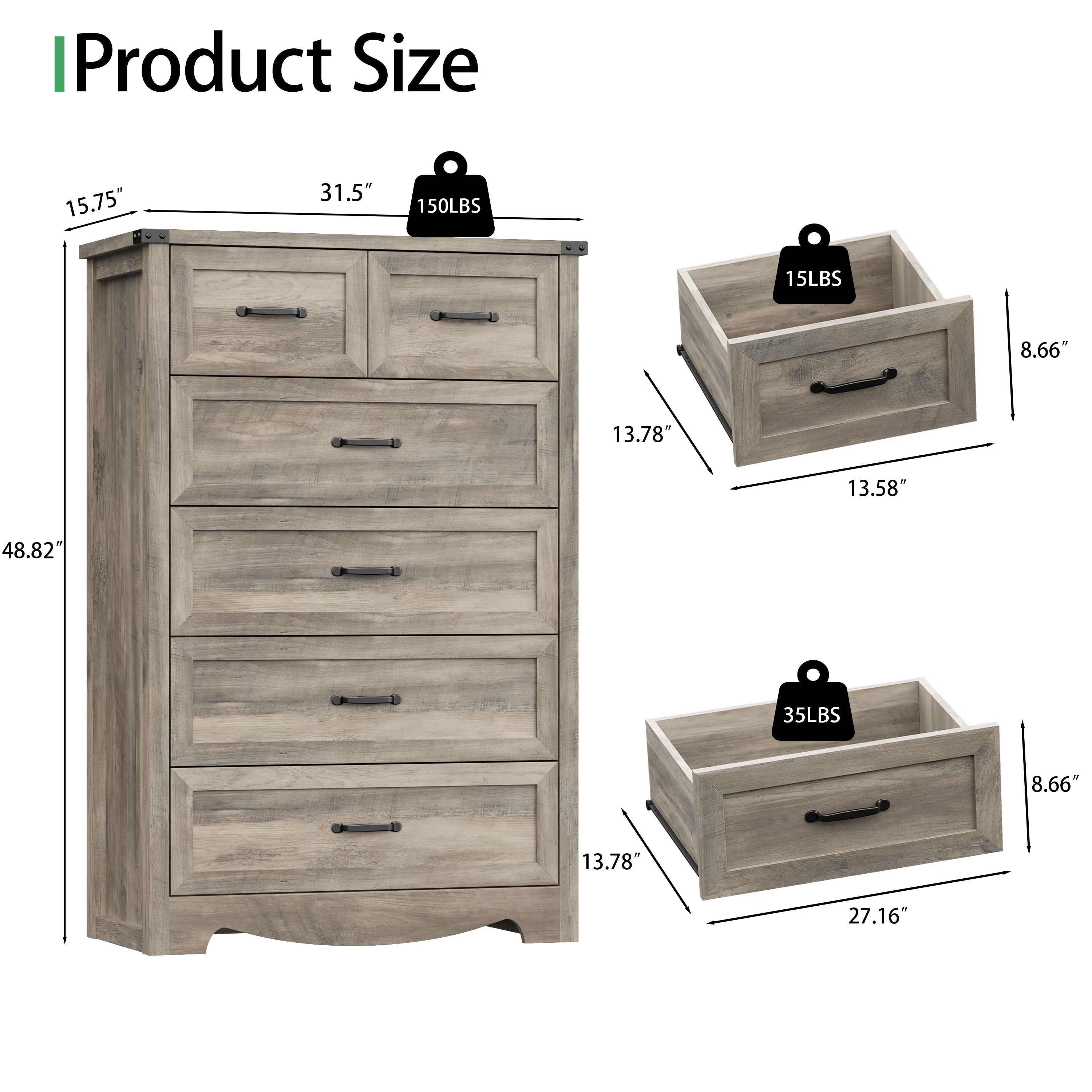 Anymaple Marlow Collection Gray 6-drawer tall dresser product size dimensions, 32"W x 16"D x 49"H bedroom chest of drawers