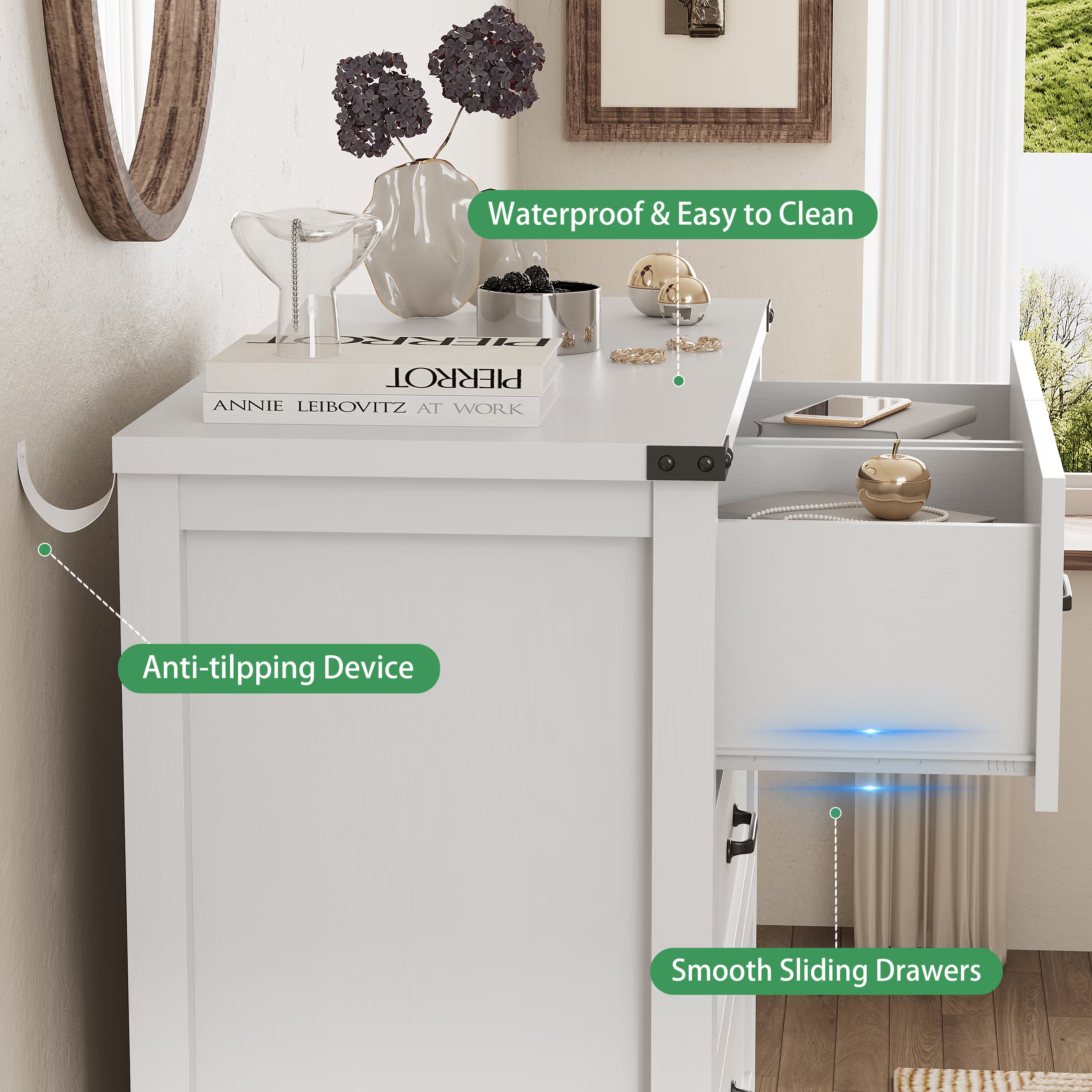 Anymaple Marlow Collection White 6-drawer tall dresser with deep storage drawers and black metal handles, anti-tipping and easy-clean detail