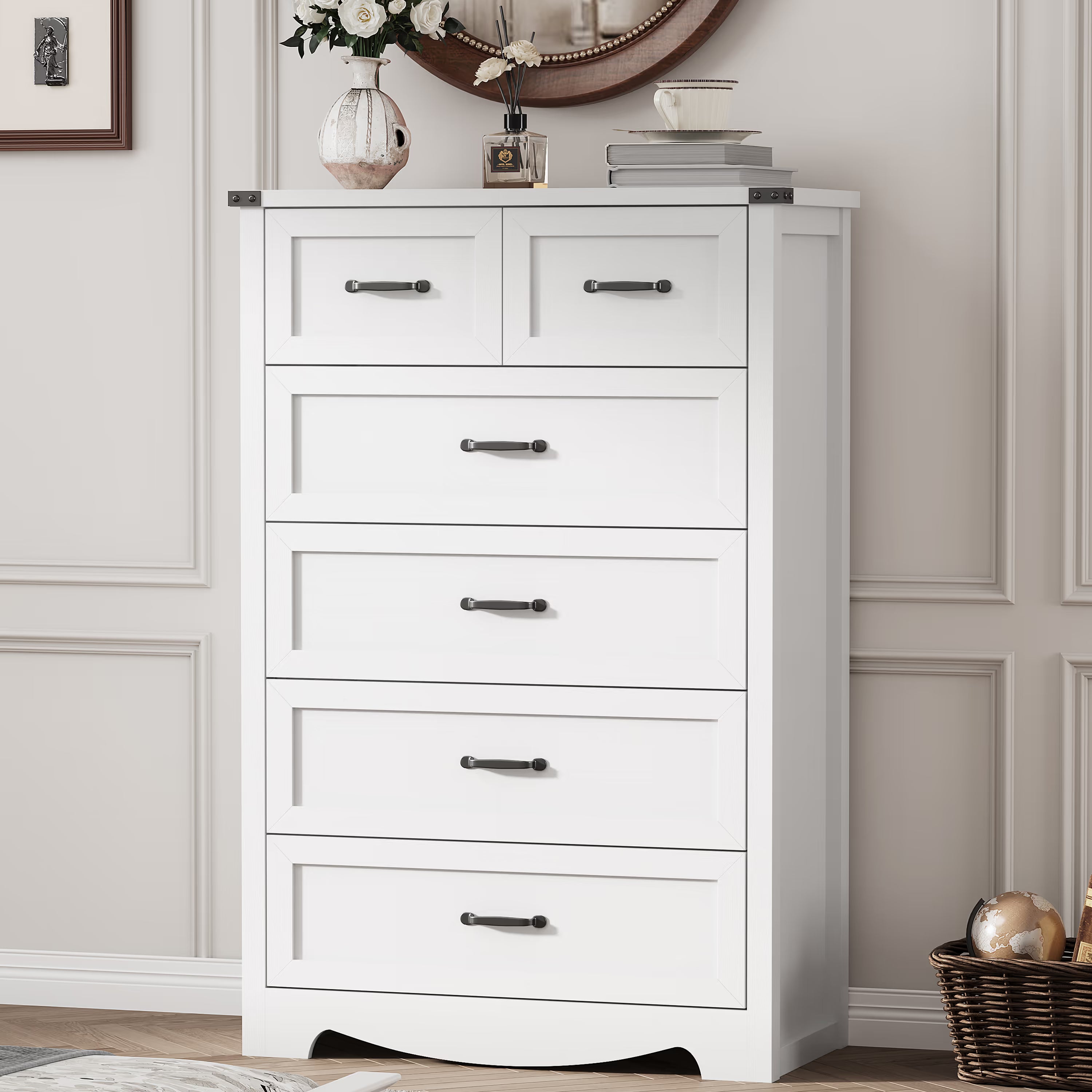 Anymaple Marlow Collection White 6-drawer tall dresser with deep storage drawers and black metal handles, bedroom main view