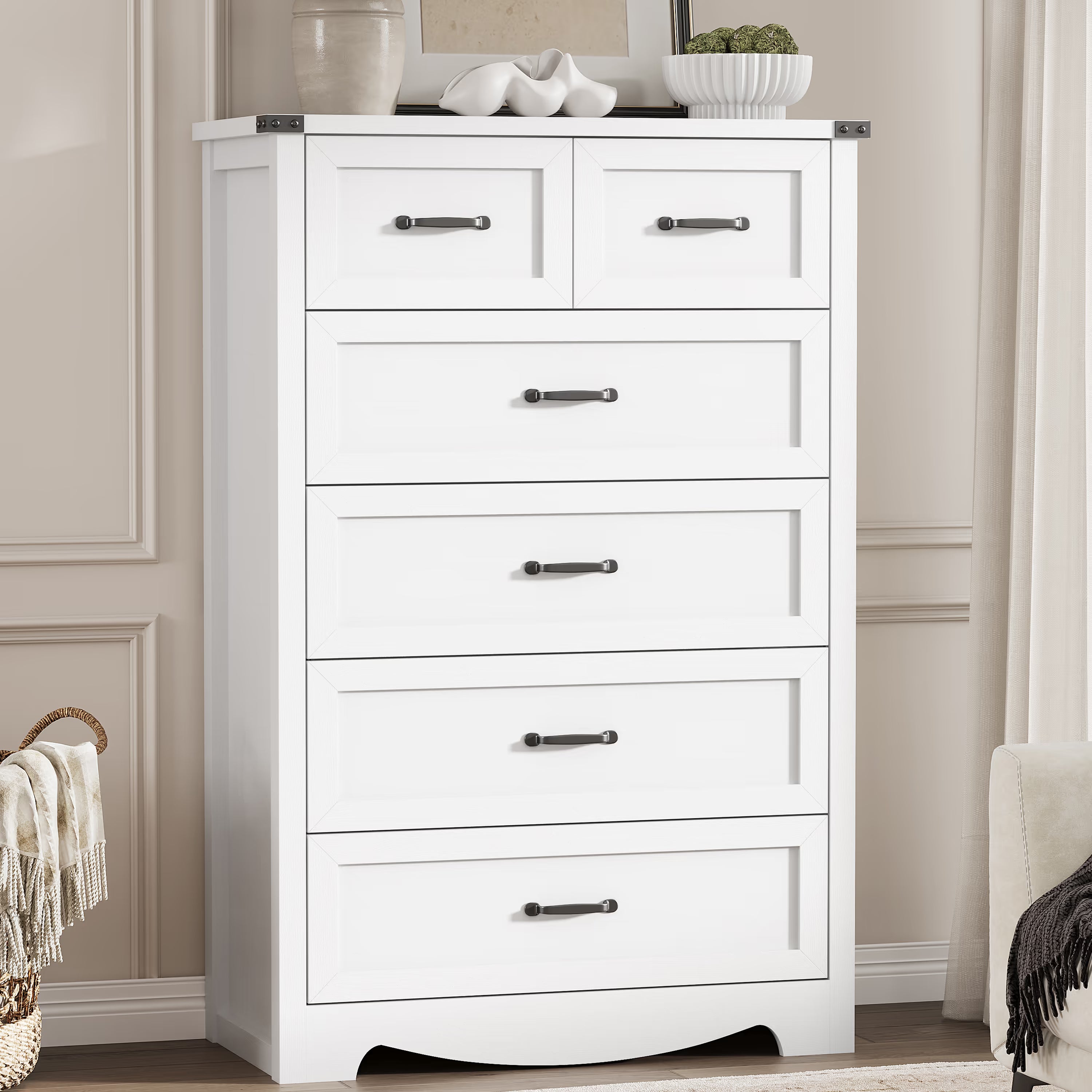 Anymaple Marlow Collection White 6-drawer tall dresser with deep storage drawers and black metal handles, front storage view