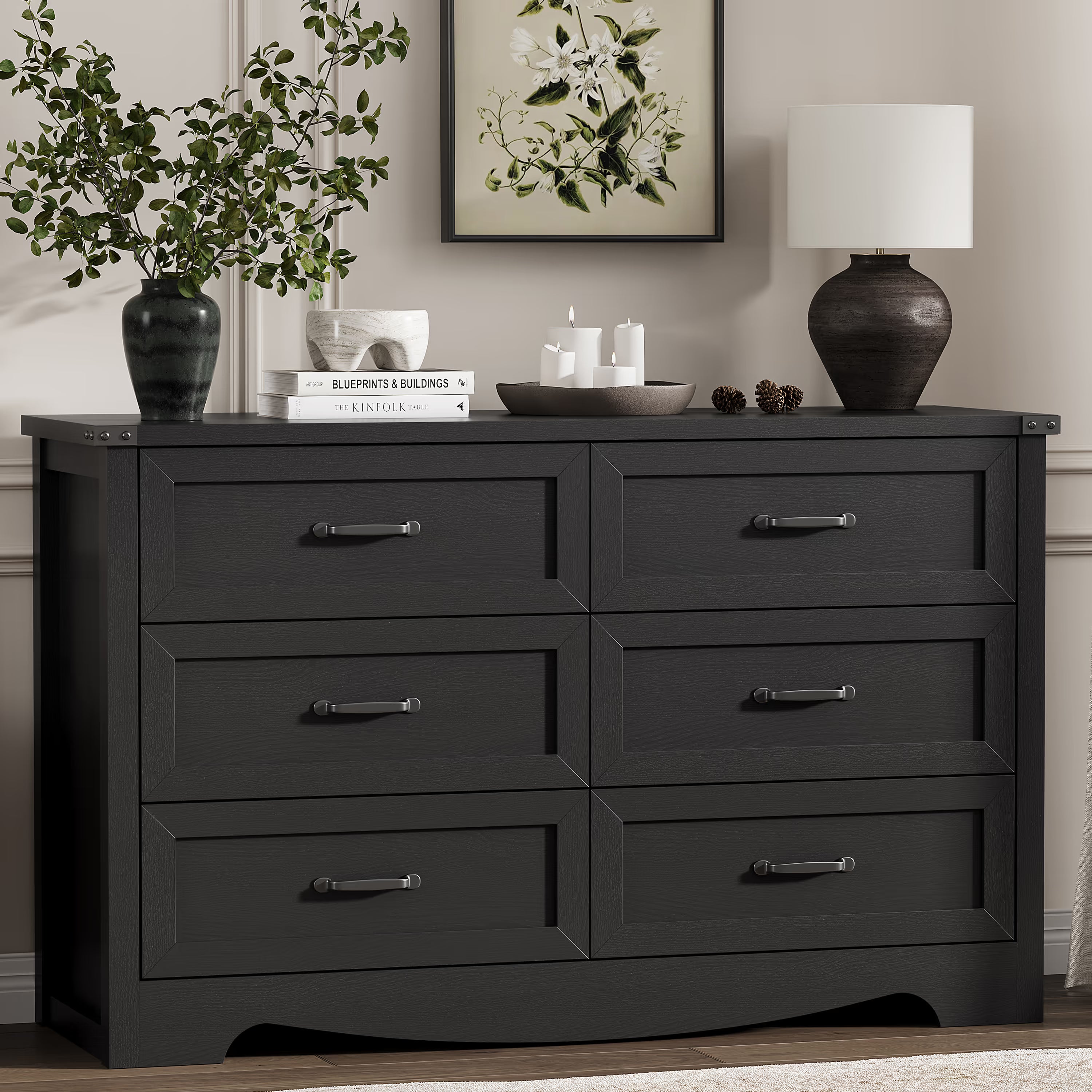 Anymaple Marlow Collection Black 6-drawer wide dresser with deep storage drawers and black metal handles, front storage view