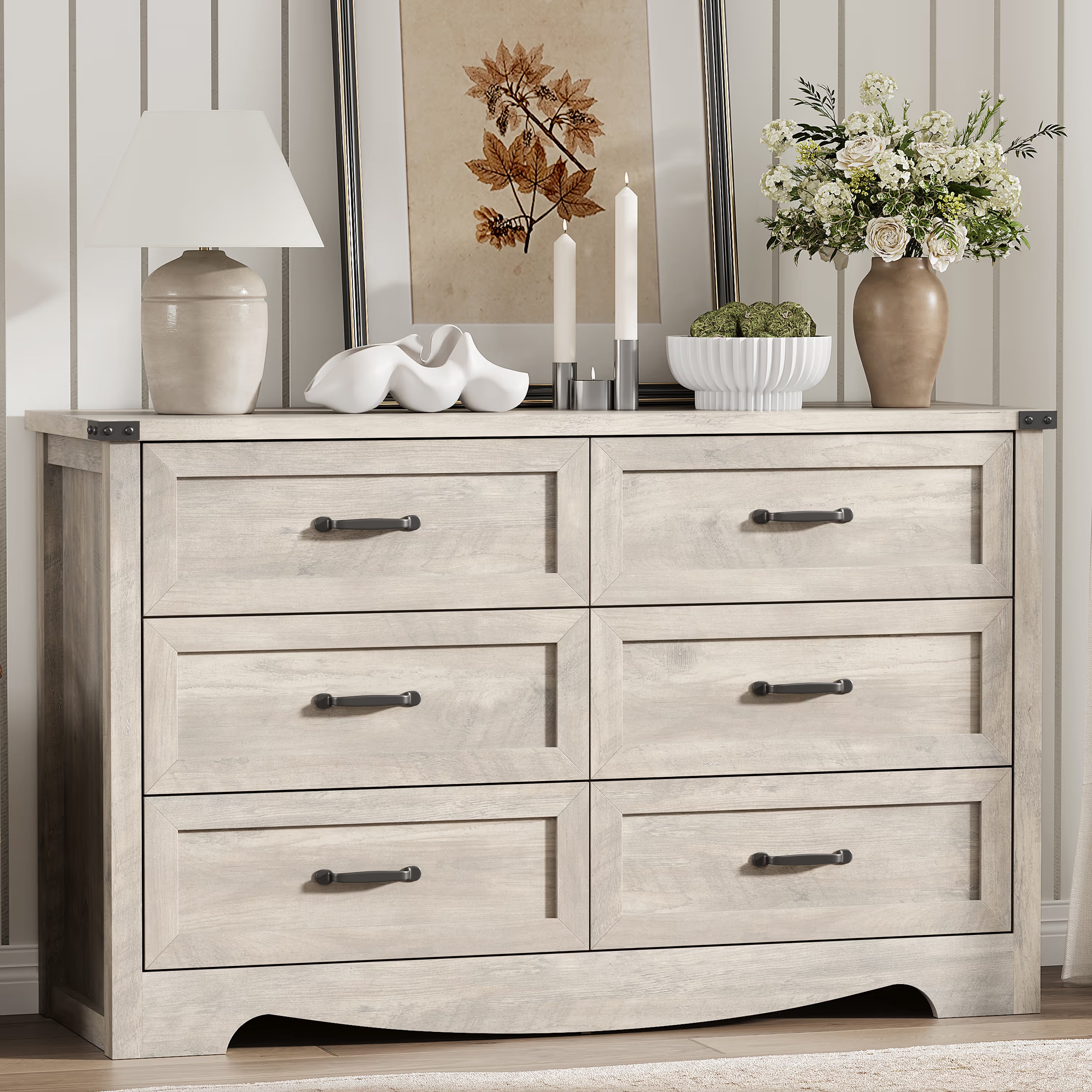 Anymaple Marlow Collection Gray Oak 6-drawer wide dresser with deep storage drawers and black metal handles, front storage view