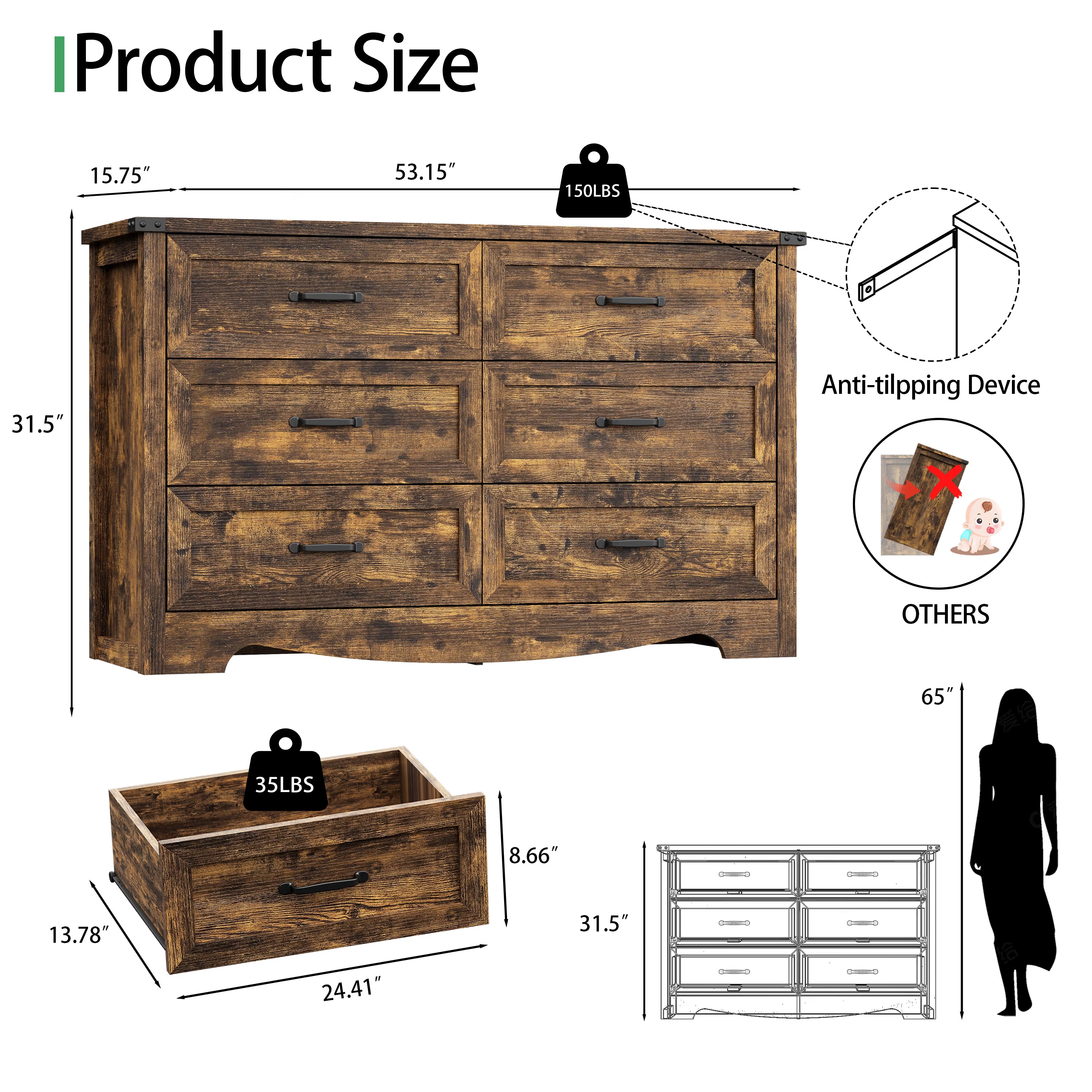 Anymaple Marlow Collection Rustic Brown 6-drawer wide dresser product size dimensions, 53"W x 16"D x 32"H bedroom chest of drawers