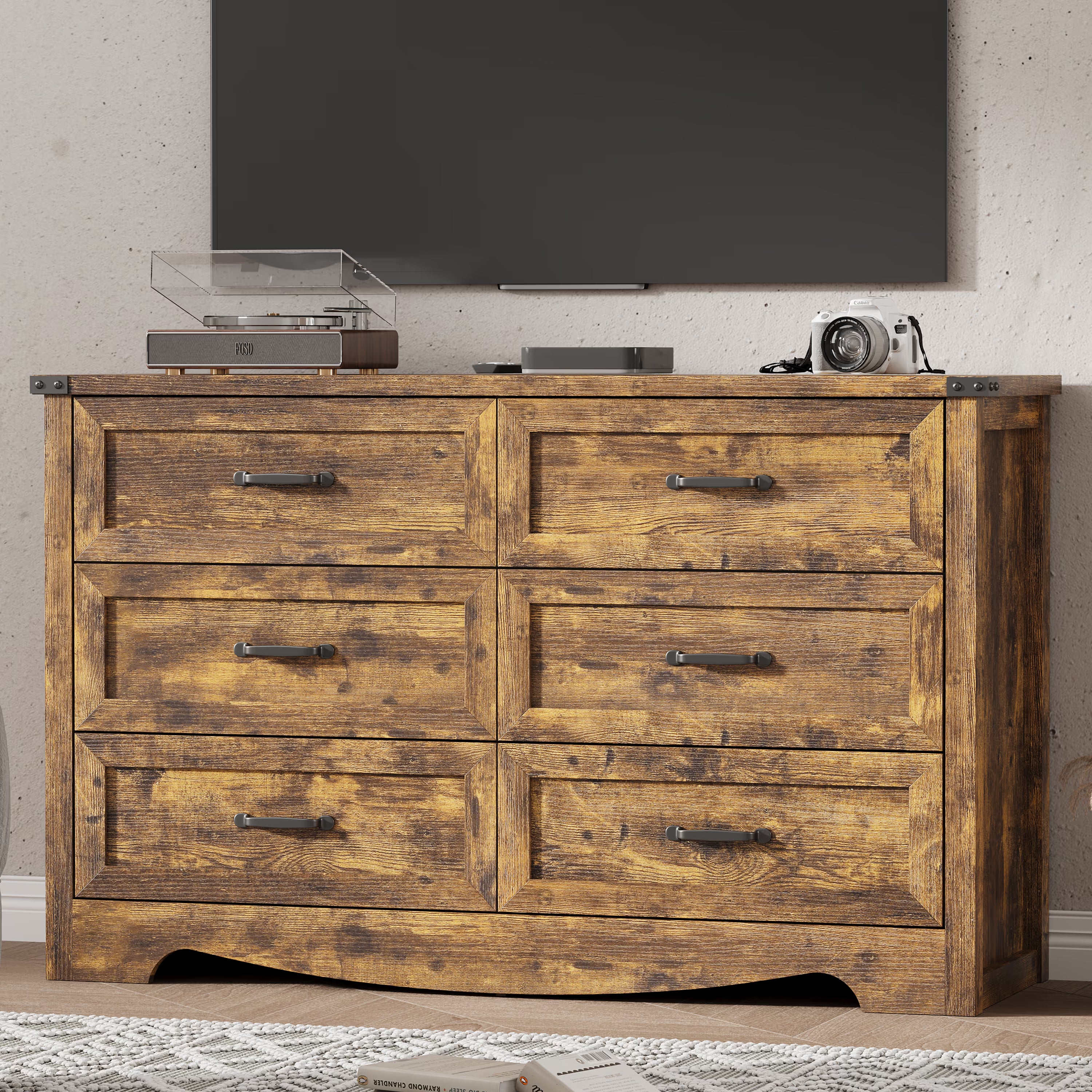 Anymaple Marlow Collection Rustic Brown 6-drawer wide dresser with deep storage drawers and black metal handles, TV stand room view