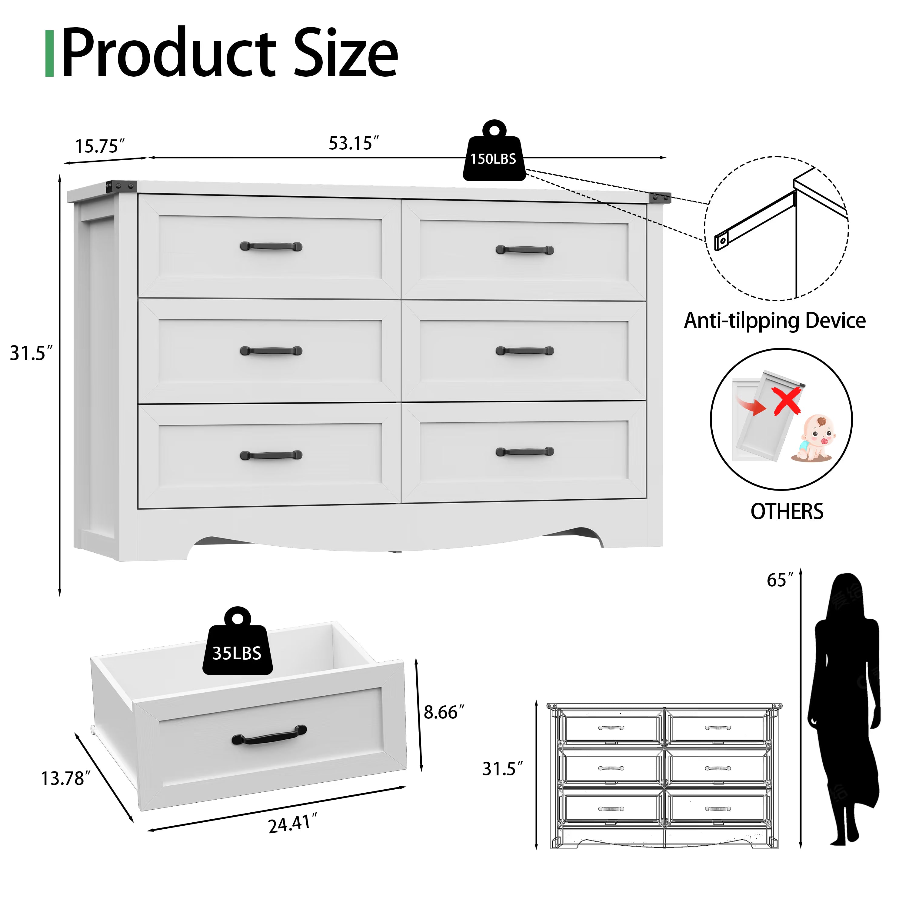 Anymaple Marlow Collection White 6-drawer wide dresser product size dimensions, 53"W x 16"D x 32"H bedroom chest of drawers
