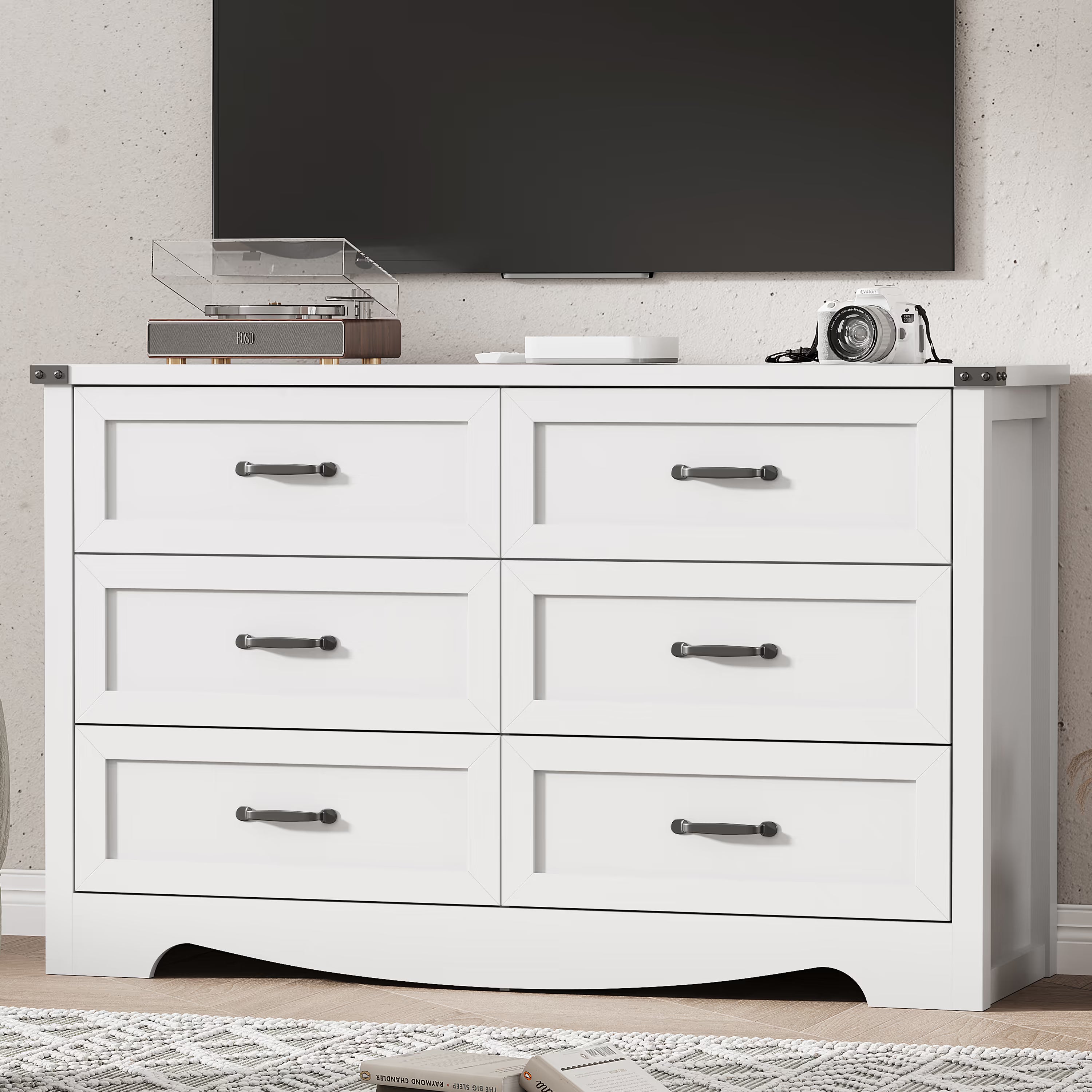 Anymaple Marlow Collection White 6-drawer wide dresser with deep storage drawers and black metal handles, TV stand room view