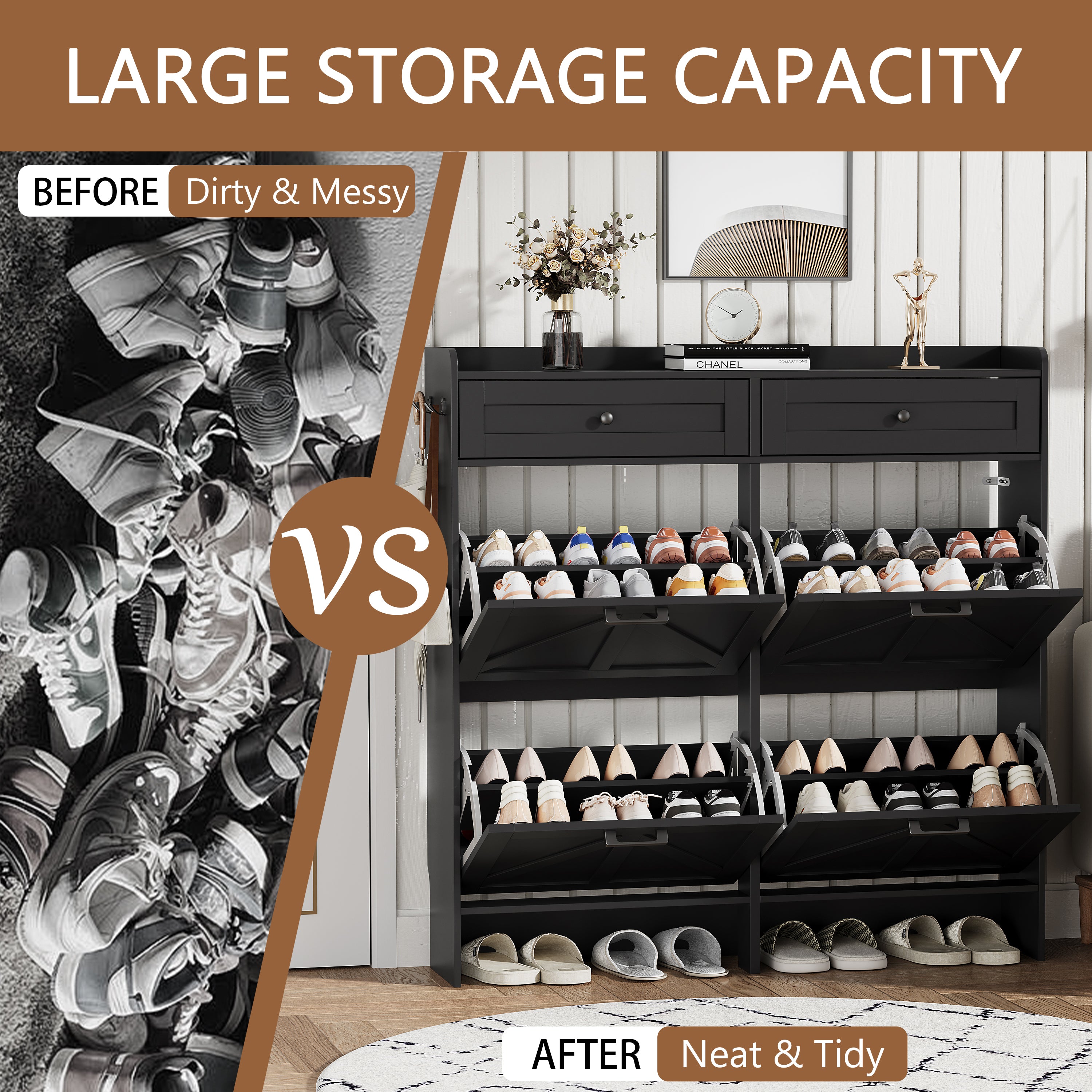 Anymaple Newport Black 4-door shoe cabinet, 4-door shoe cabinet for entryway shoe storage