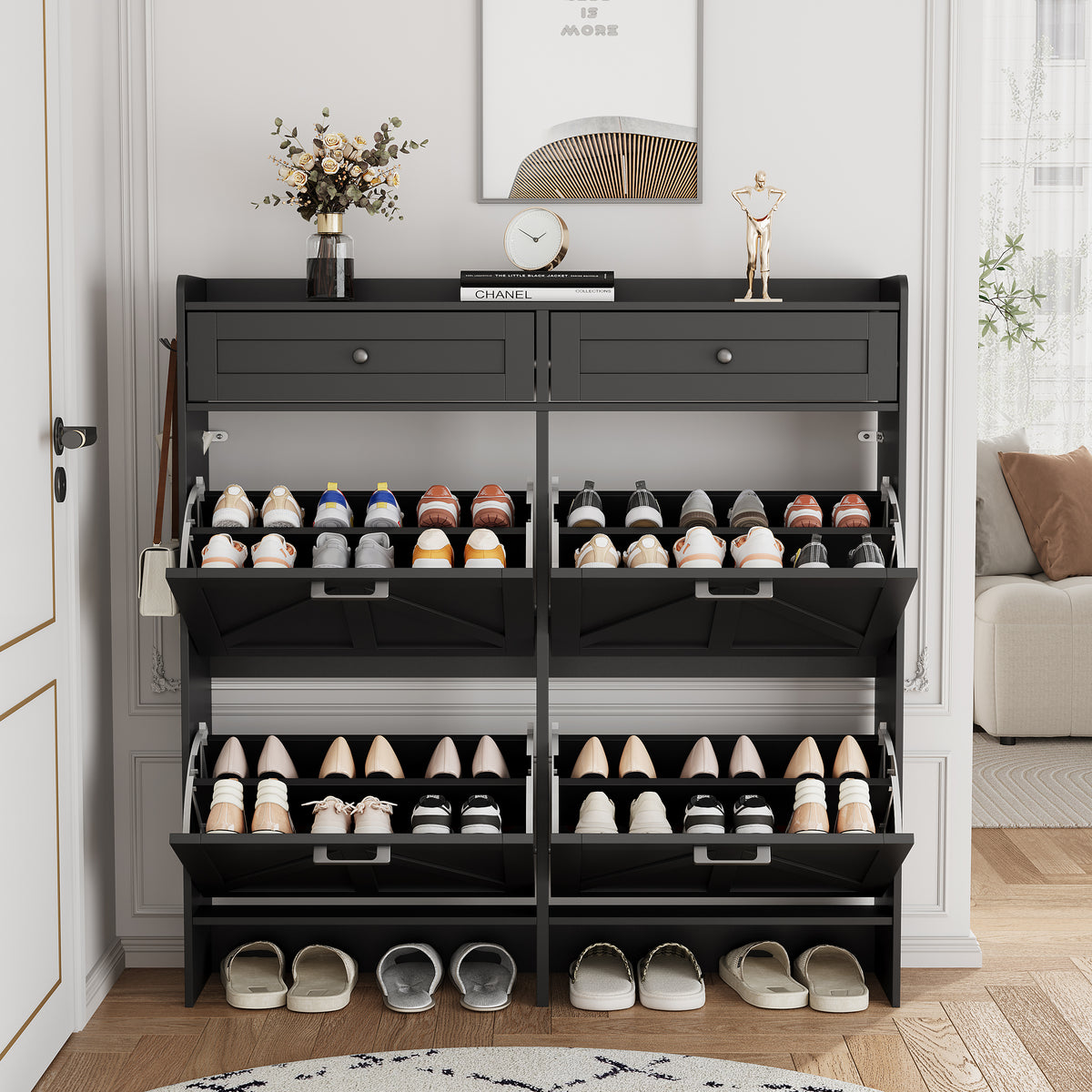 Anymaple Newport Black 4-door shoe cabinet, stable farmhouse style cabinet detail for daily home use