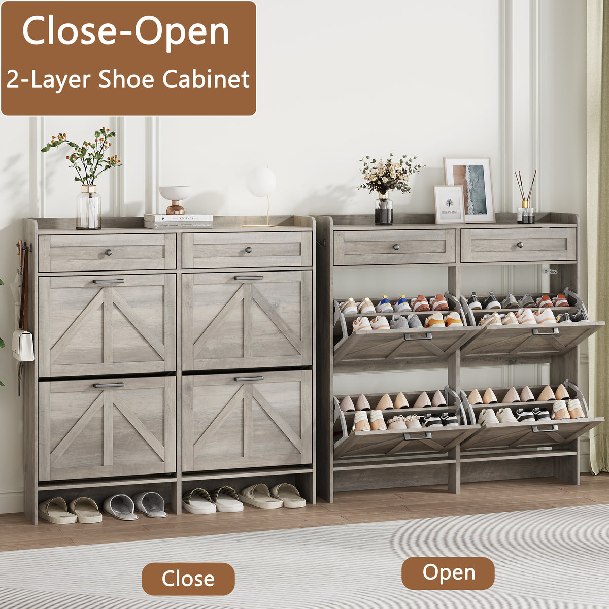 Anymaple Newport Gray 4-door shoe cabinet, adjustable panels for flexible shoe organization