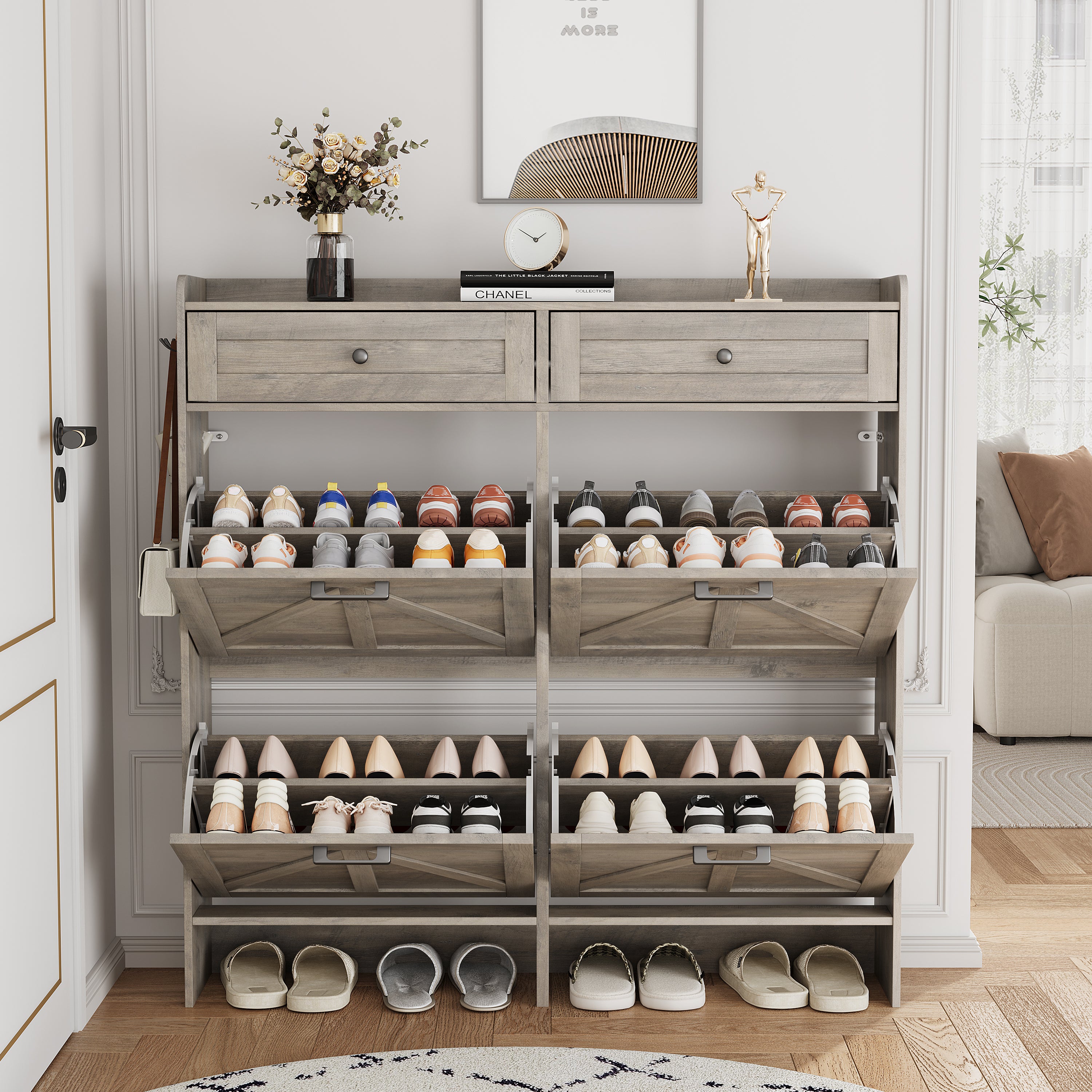 Anymaple Newport Gray 4-door shoe cabinet, large capacity shoe organizer cabinet for family footwear