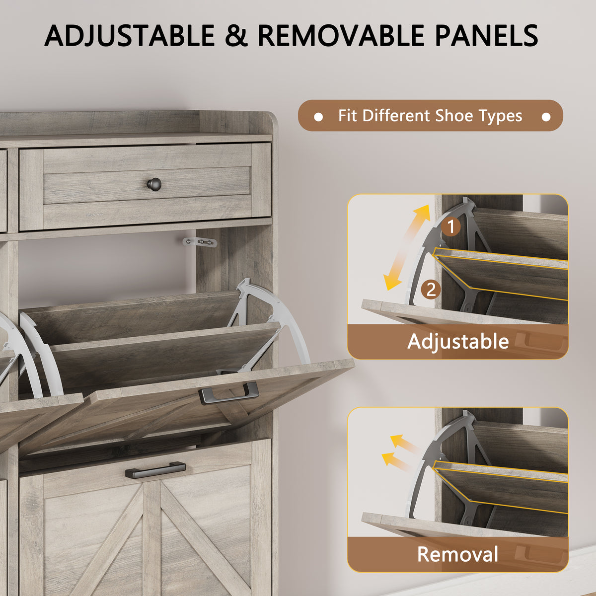Anymaple Newport Gray 4-door shoe cabinet, top drawers for keys wallets accessories and entryway essentials