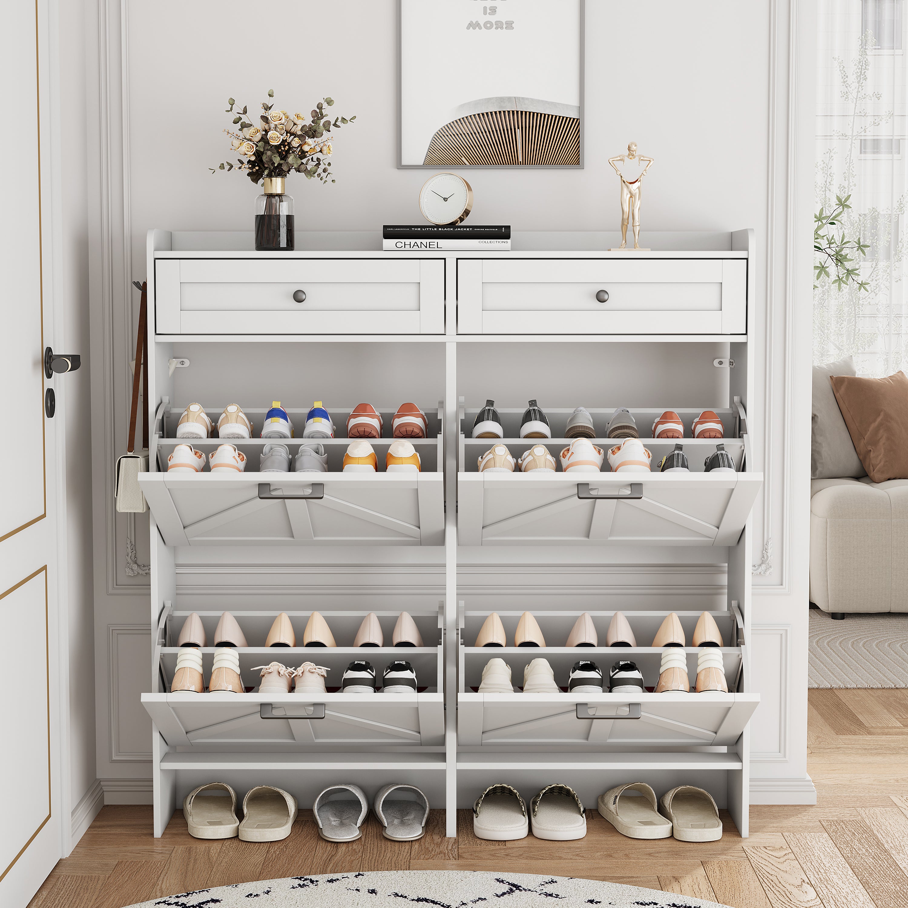 Anymaple Newport White 4-door shoe cabinet, flip drawer storage for sneakers flats sandals and daily shoes