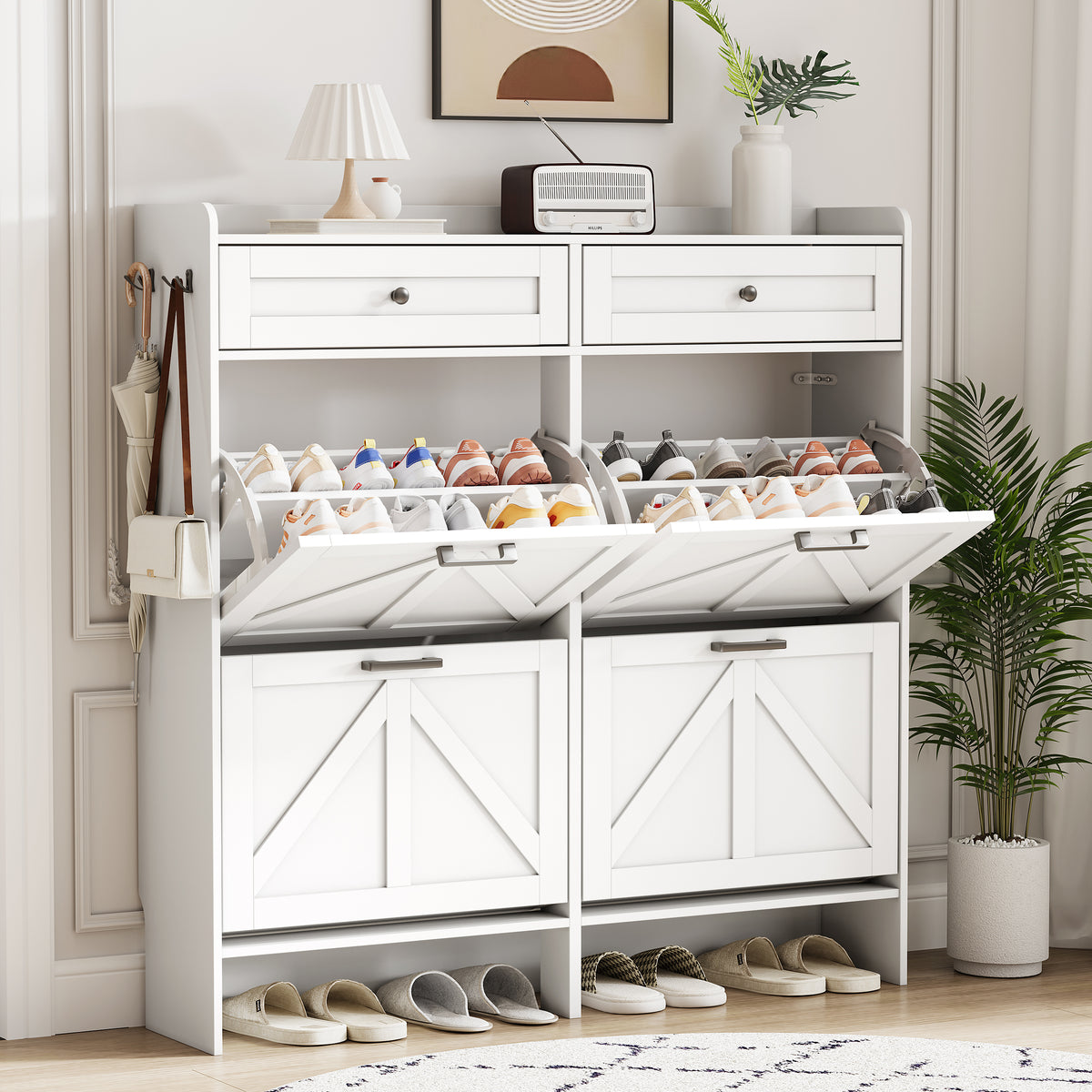 Anymaple Newport White 4-door shoe cabinet, large capacity shoe organizer cabinet for family footwear