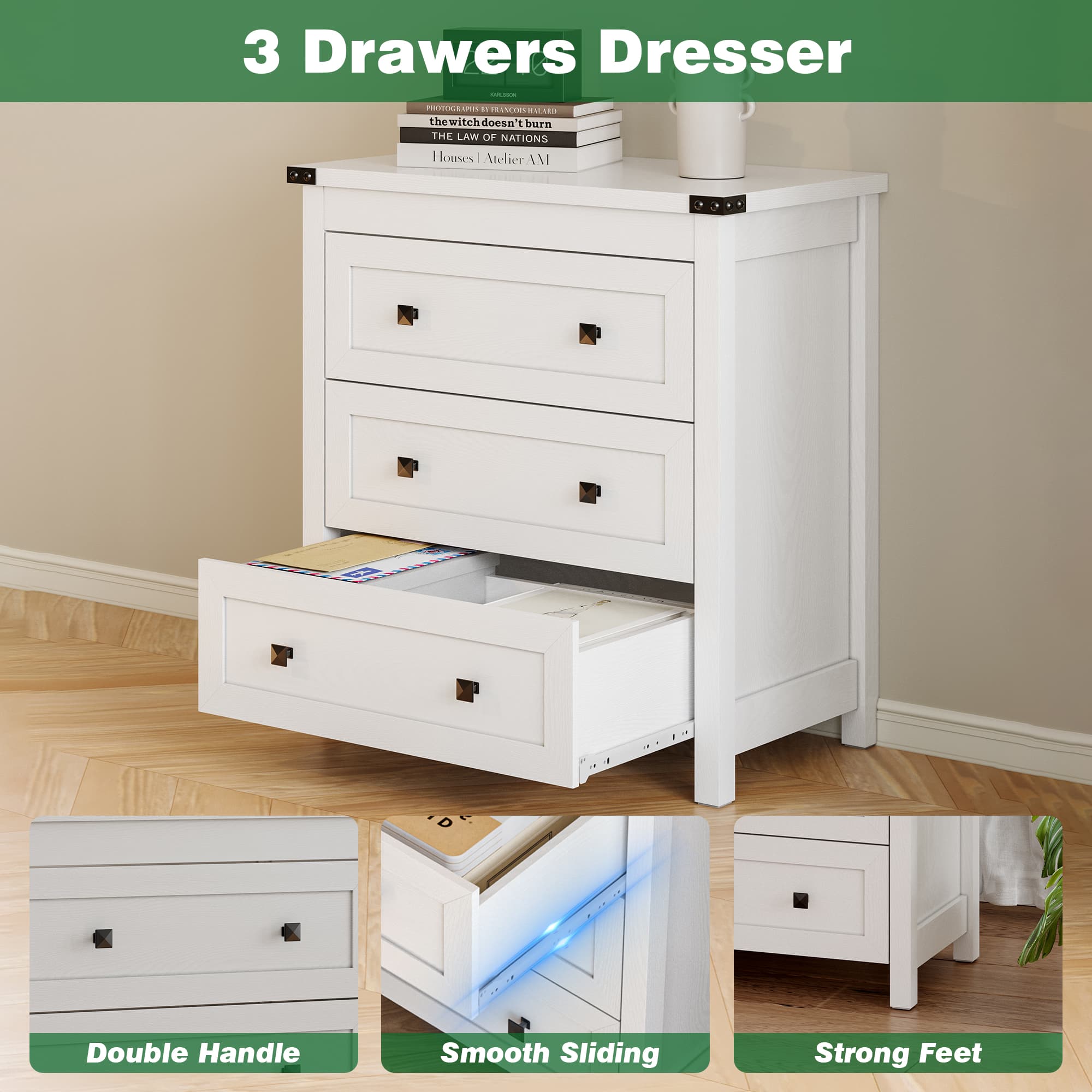 White 3 drawer dresser with double metal handles, smooth sliding rails and strong feet detail view