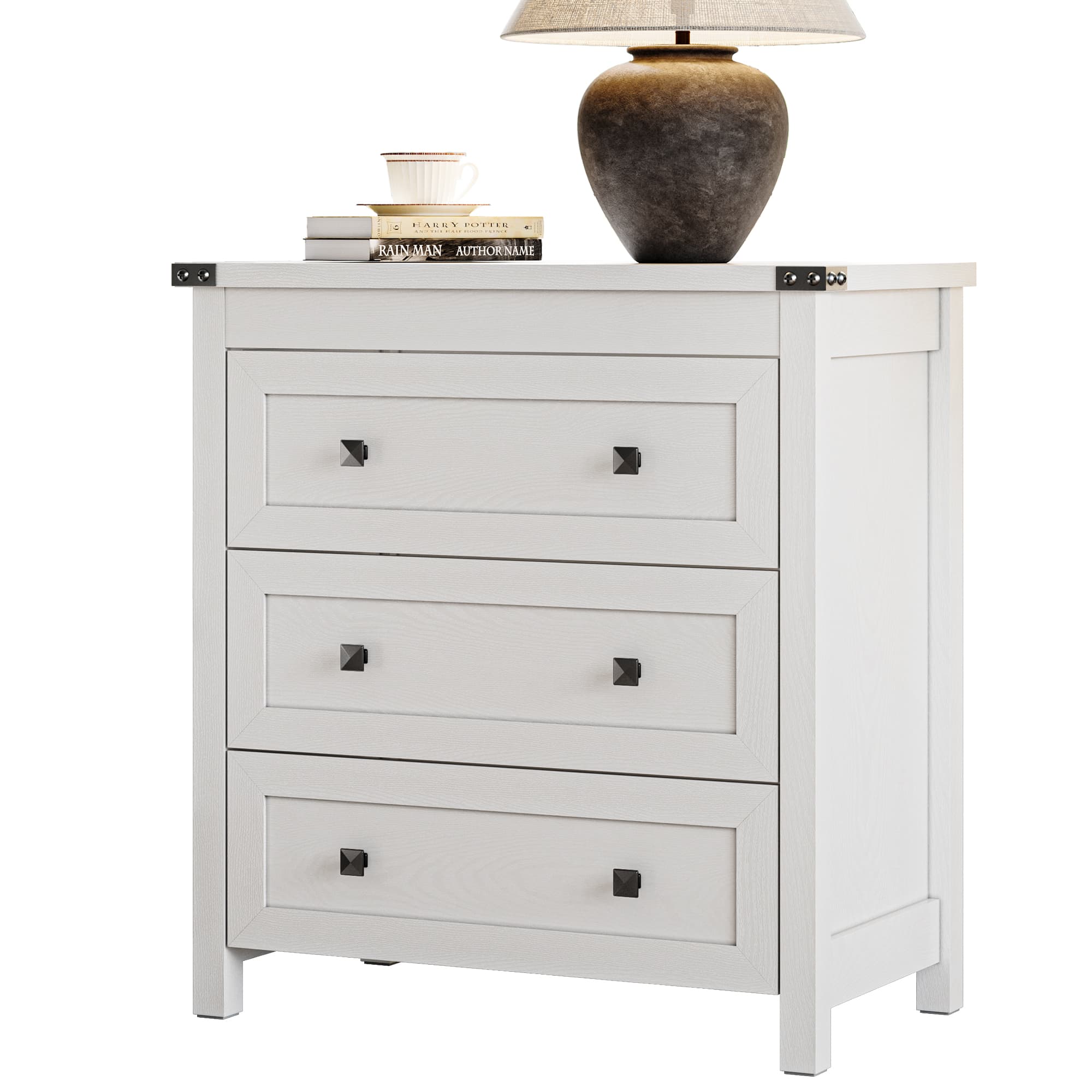 White farmhouse nightstand with 3 drawers front view on plain background with lamp and books on top