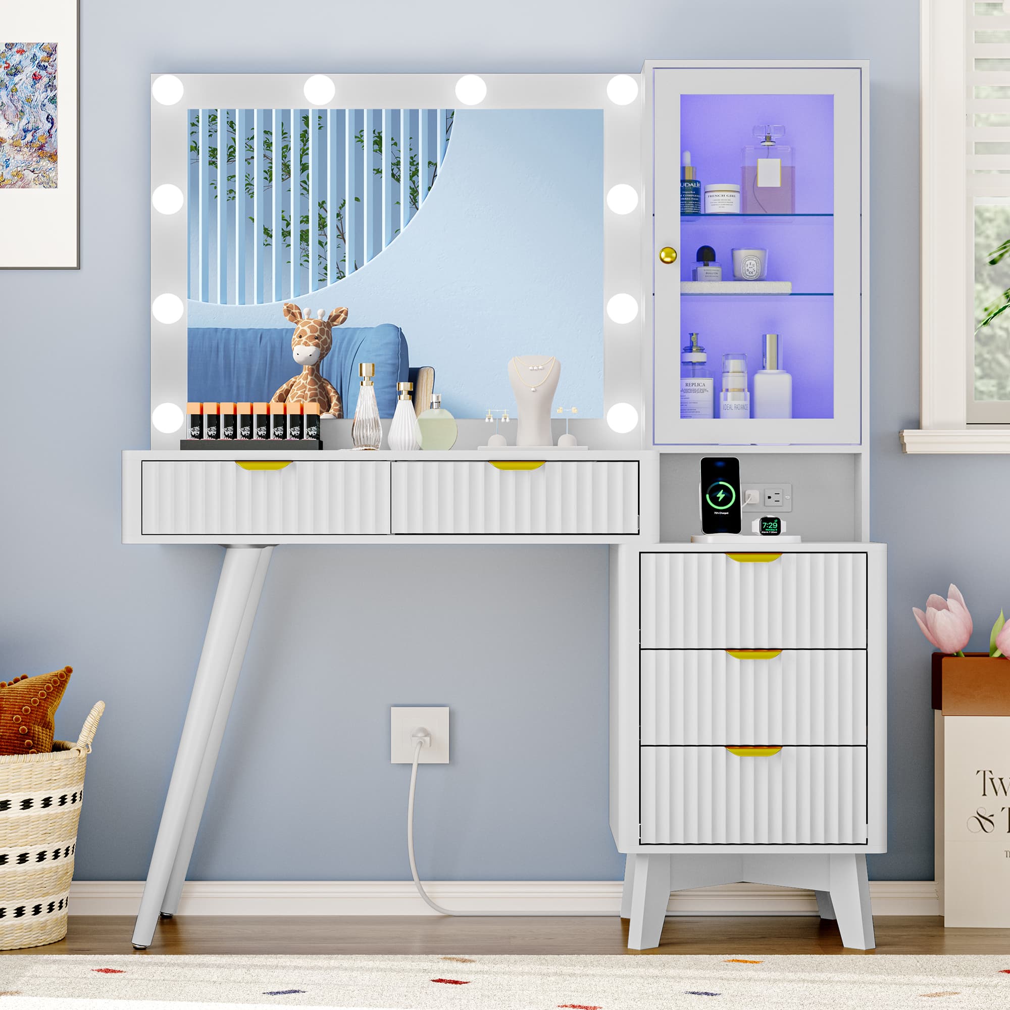 White makeup vanity with lights and mirror, fluted vanity desk with storage drawers and charging station