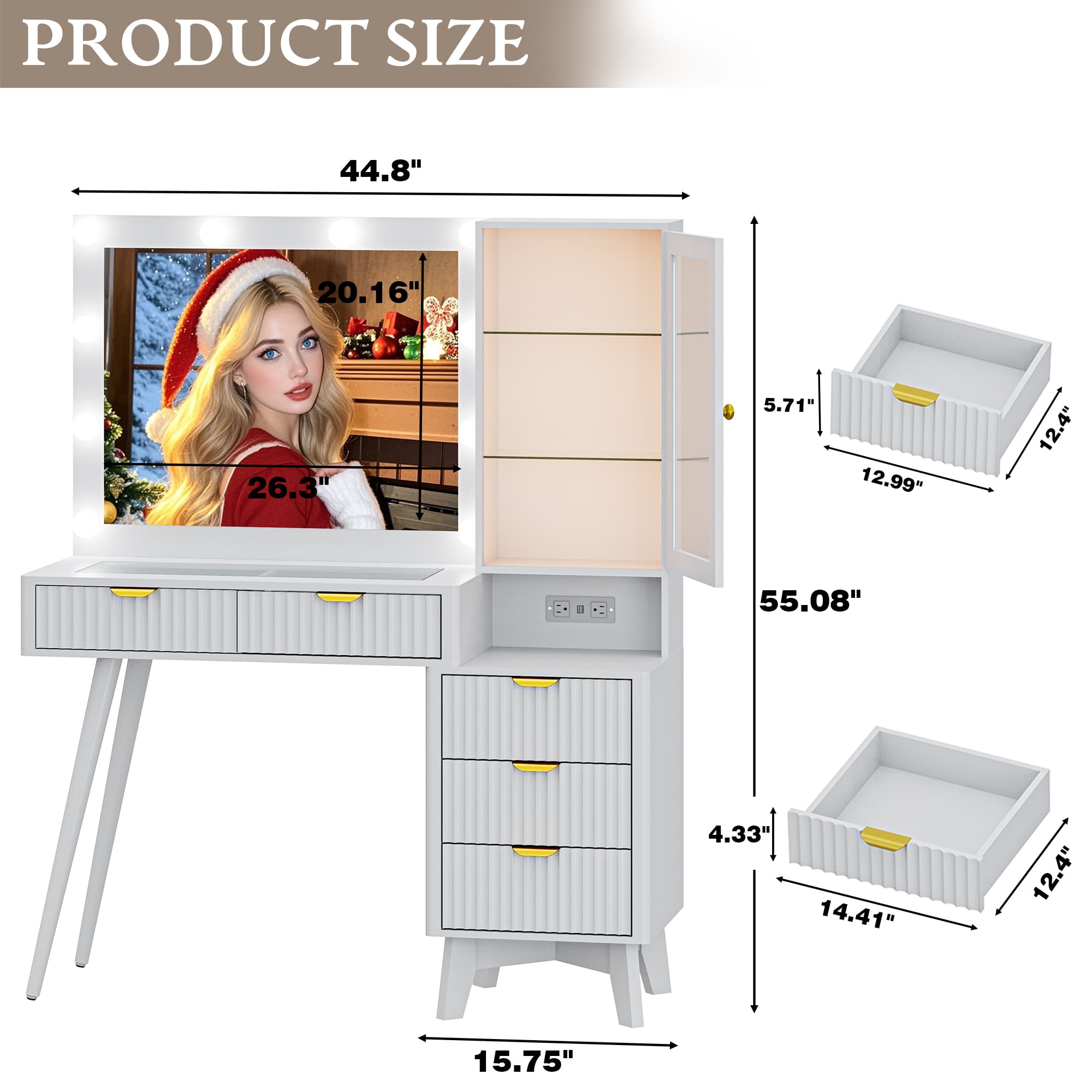 Vanity desk with mirror and lights size chart, 45 inch makeup vanity with drawers and glass cabinet
