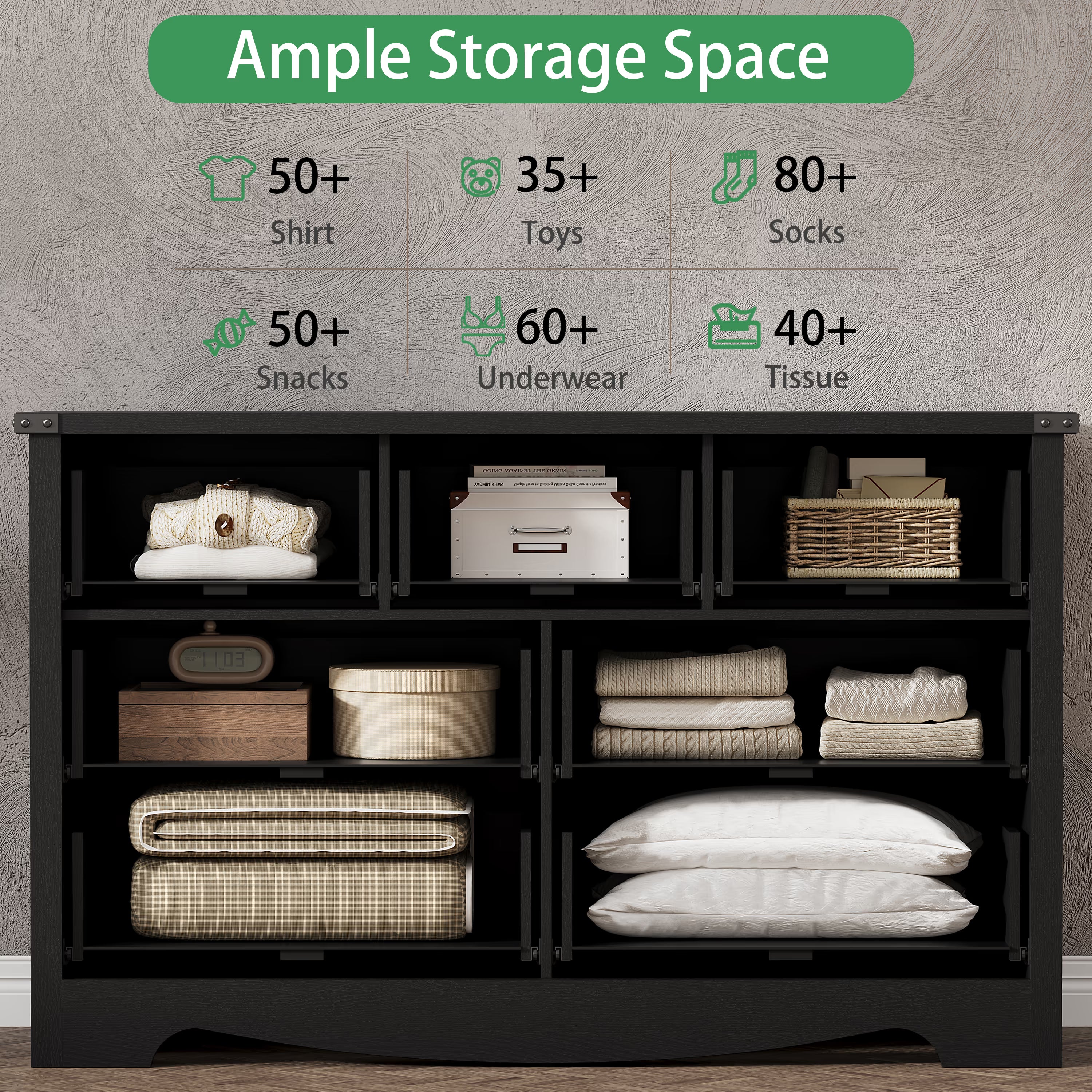 Anymaple Marlow Collection Black 7-drawer wide dresser with deep storage drawers and black metal handles, ample storage space
