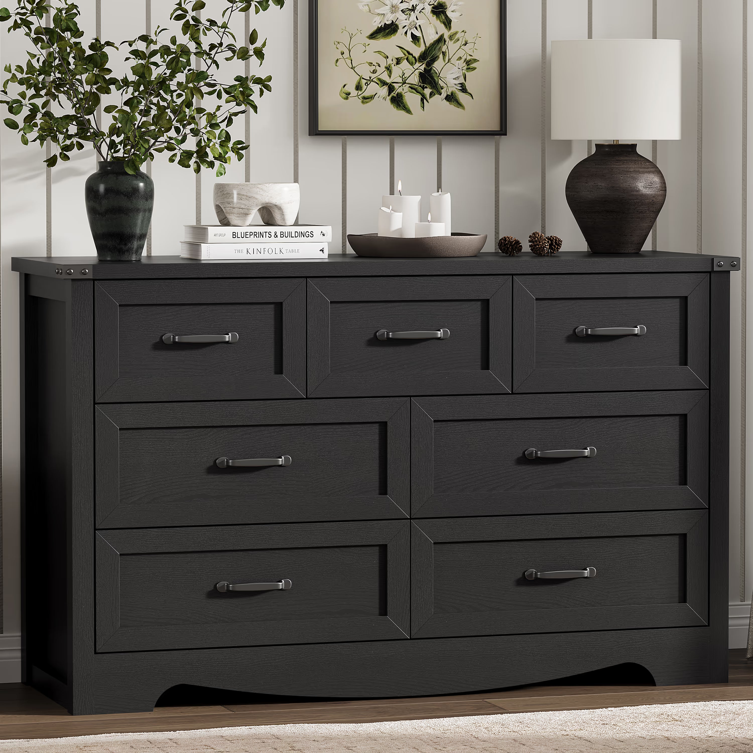 Anymaple Marlow Collection Black 7-drawer wide dresser with deep storage drawers and black metal handles, front storage view