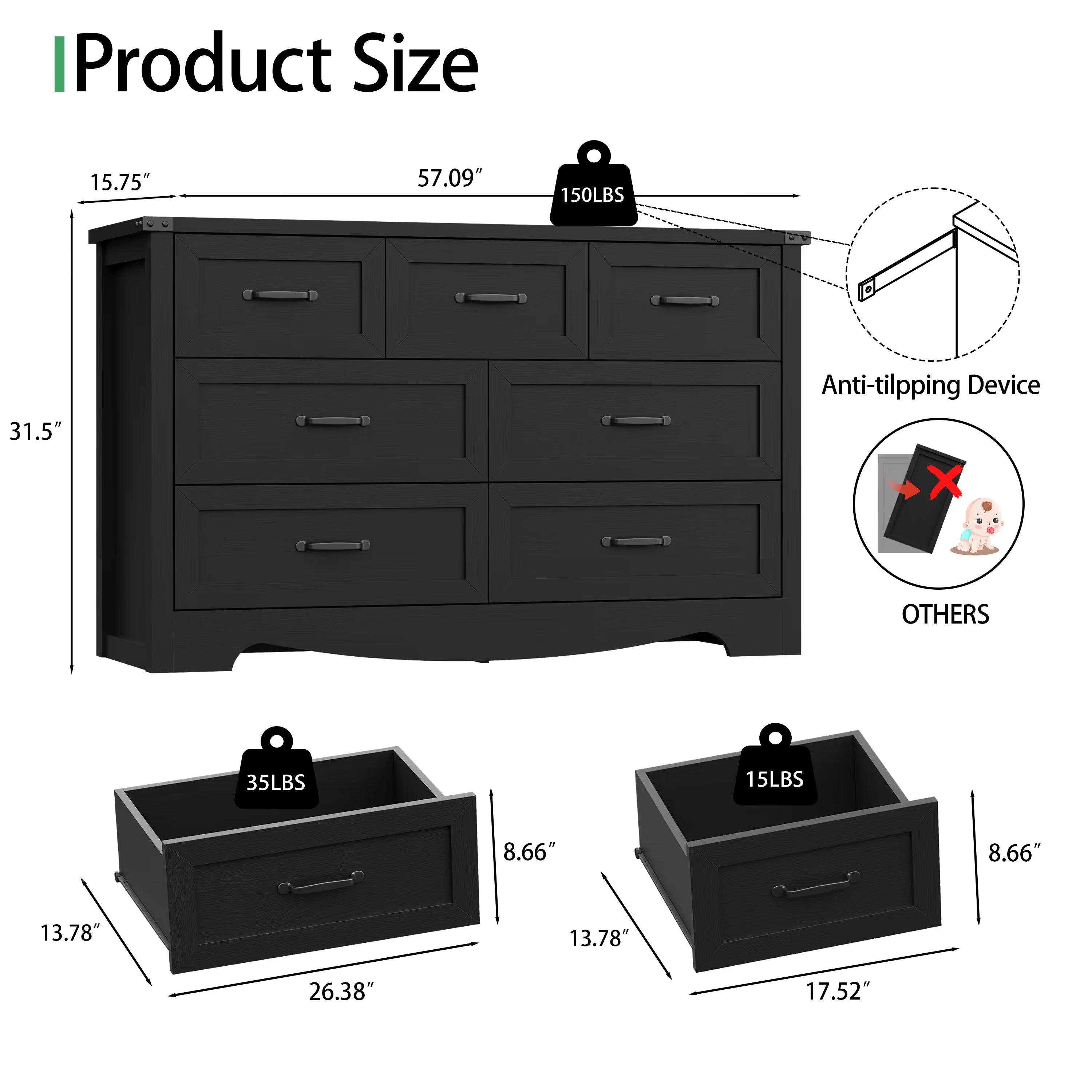 Anymaple Marlow Collection Black 7-drawer wide dresser product size dimensions, 57"W x 16"D x 32"H bedroom chest of drawers
