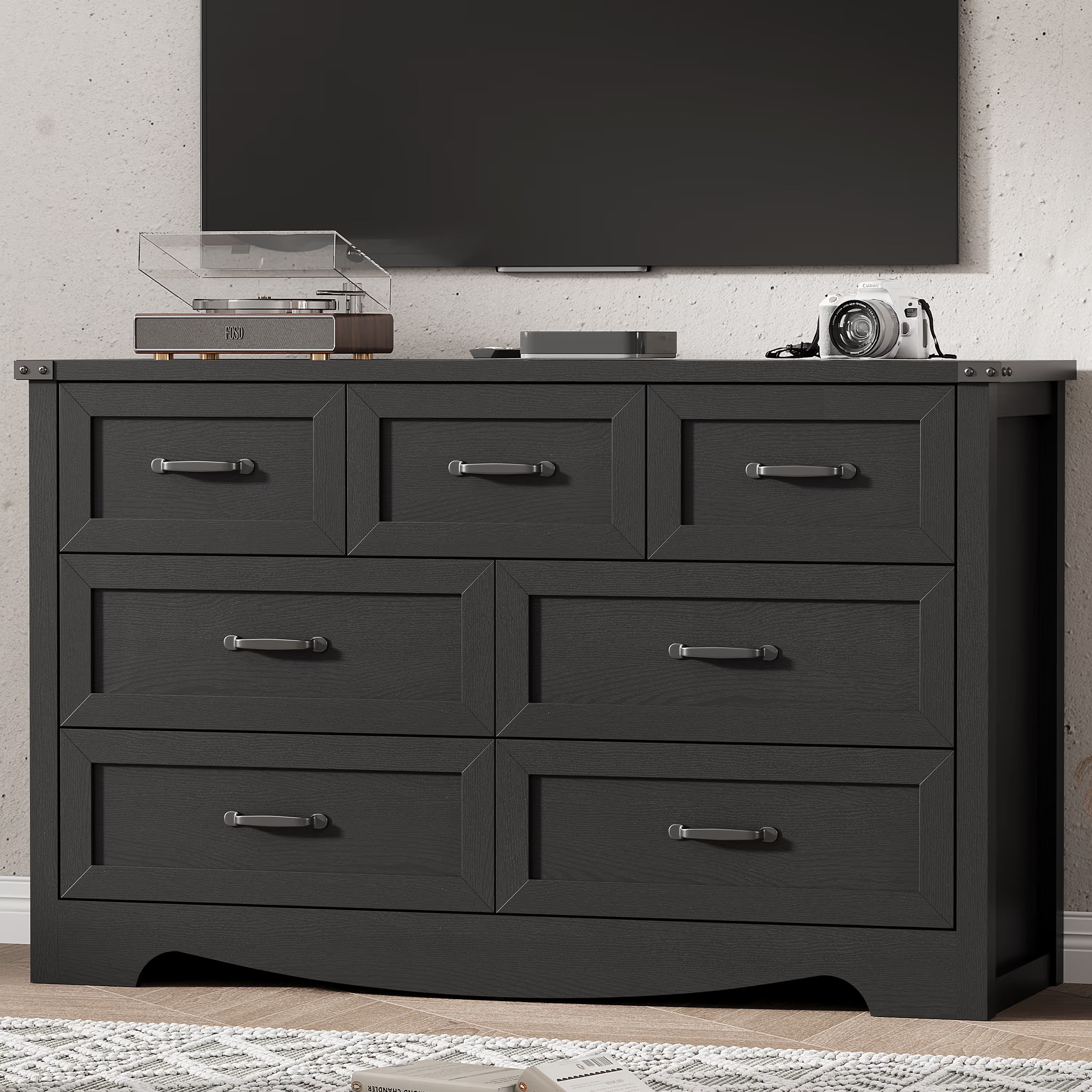 Anymaple Marlow Collection Black 7-drawer wide dresser with deep storage drawers and black metal handles, TV stand room view