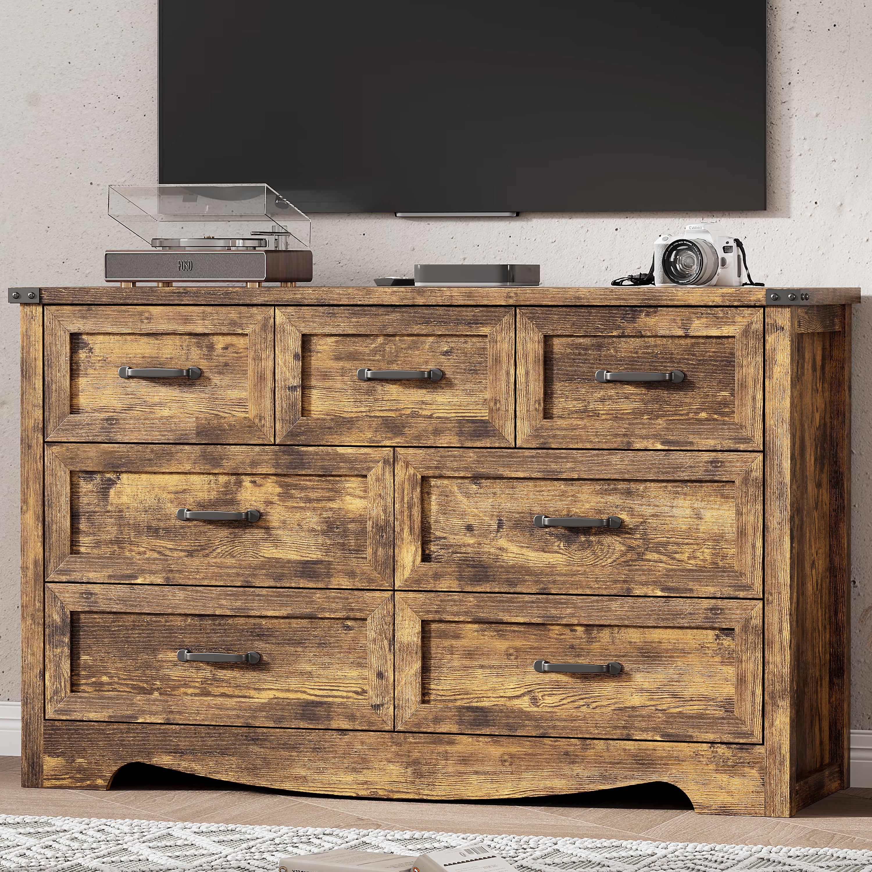 Anymaple Marlow Collection Rustic Brown 7-drawer wide dresser with deep storage drawers and black metal handles, TV stand room view