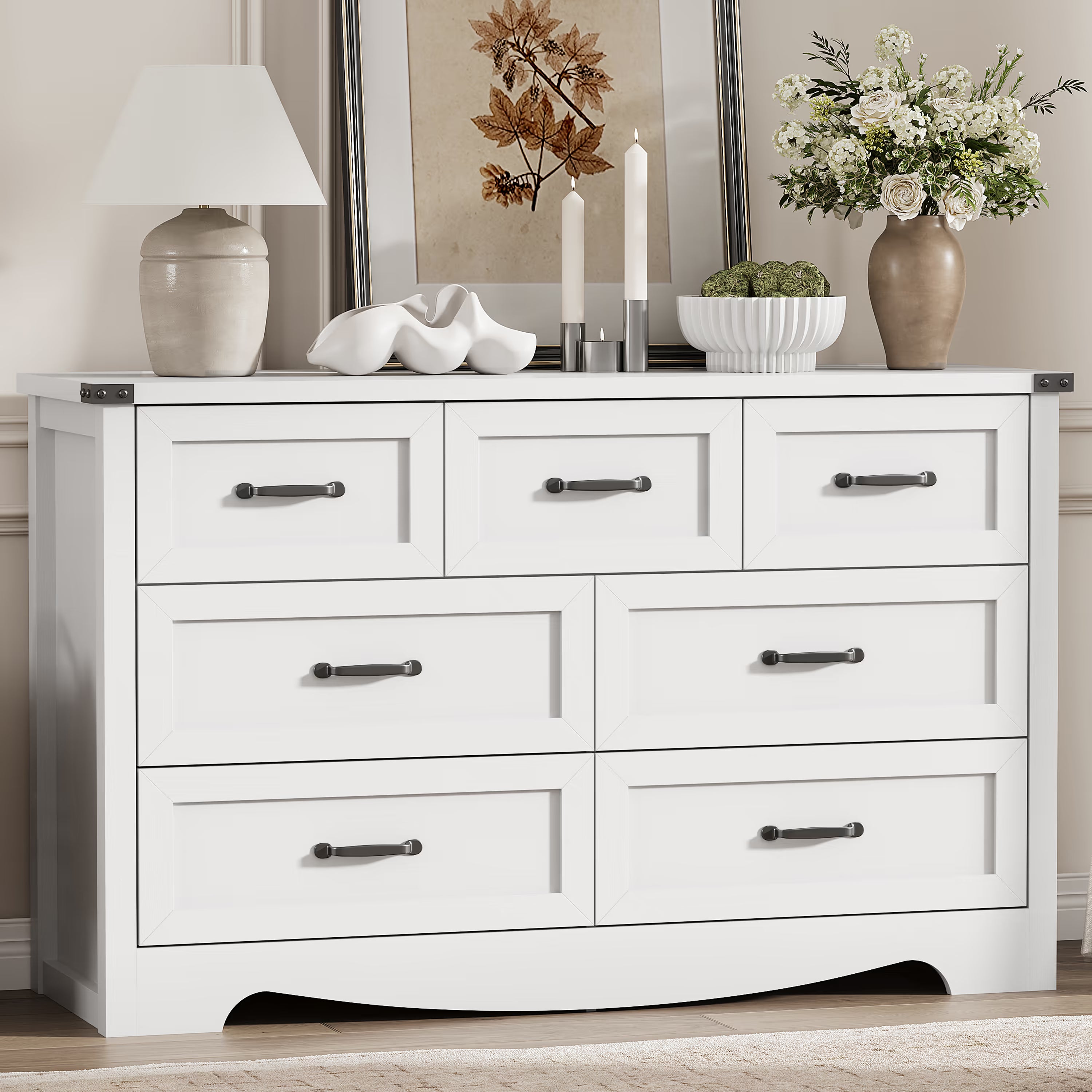 Anymaple Marlow Collection White 7-drawer wide dresser with deep storage drawers and black metal handles, front storage view