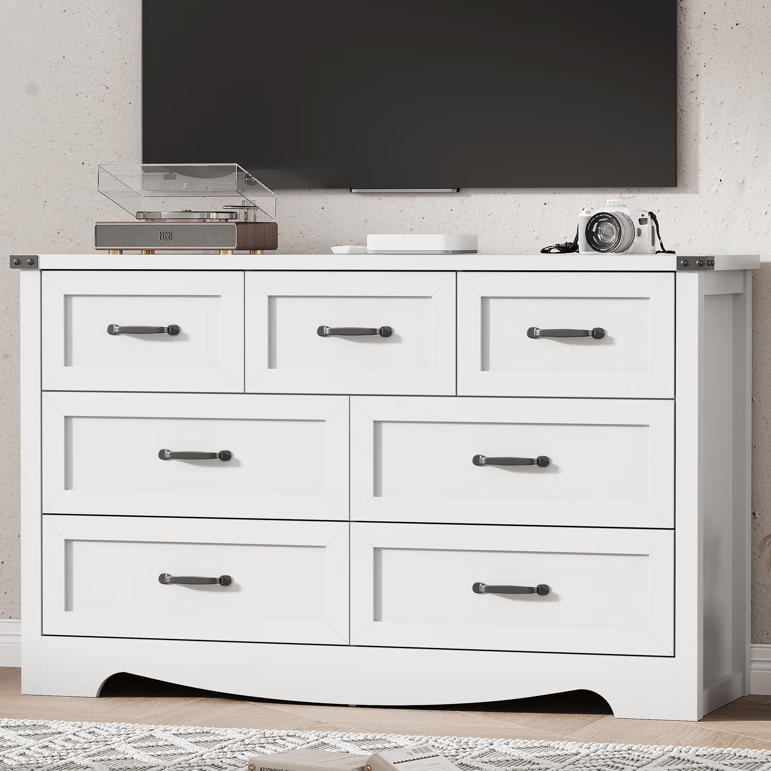 Anymaple Marlow Collection White 7-drawer wide dresser with deep storage drawers and black metal handles, TV stand room view