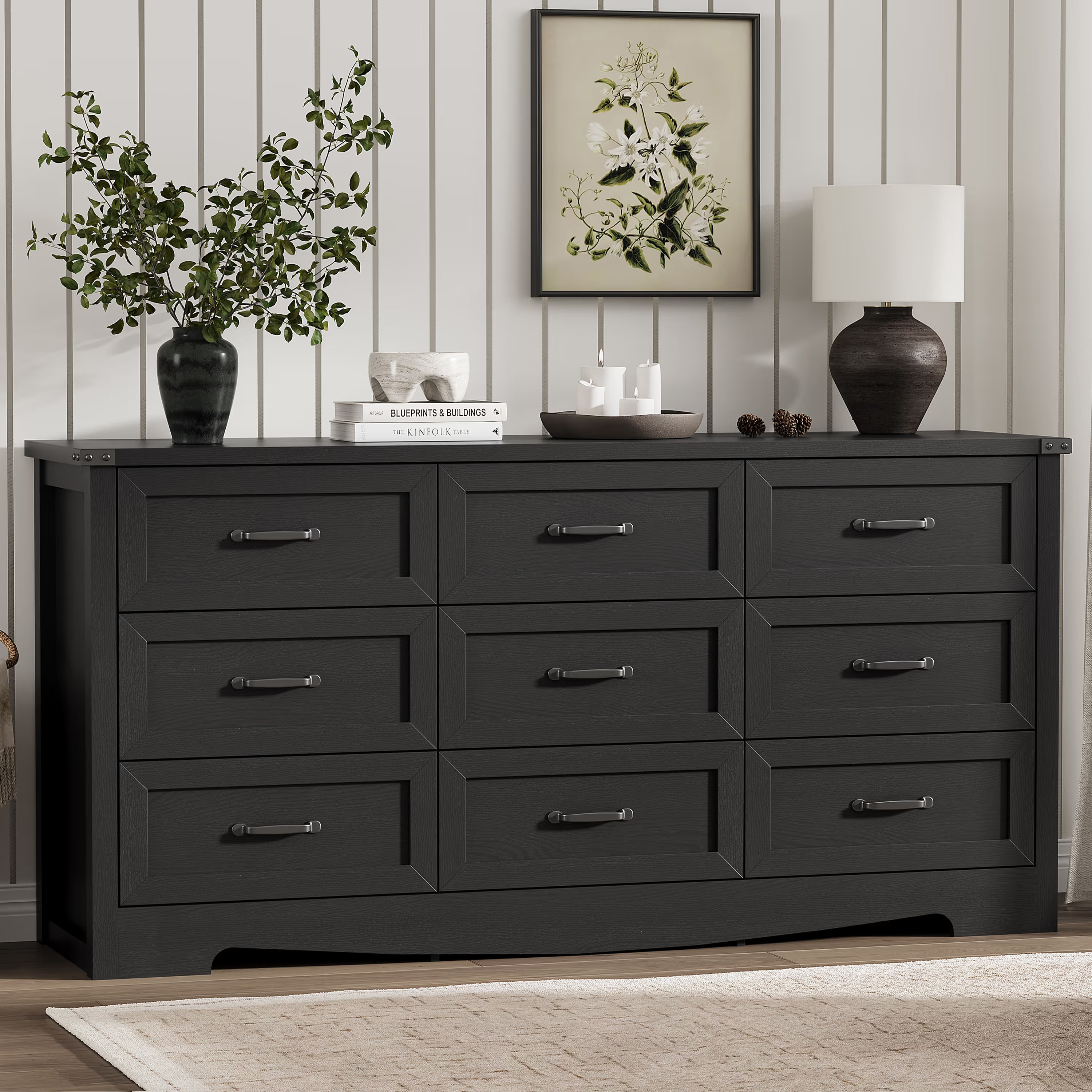 Anymaple Marlow Collection Black 9-drawer wide dresser with deep storage drawers and black metal handles, front storage view