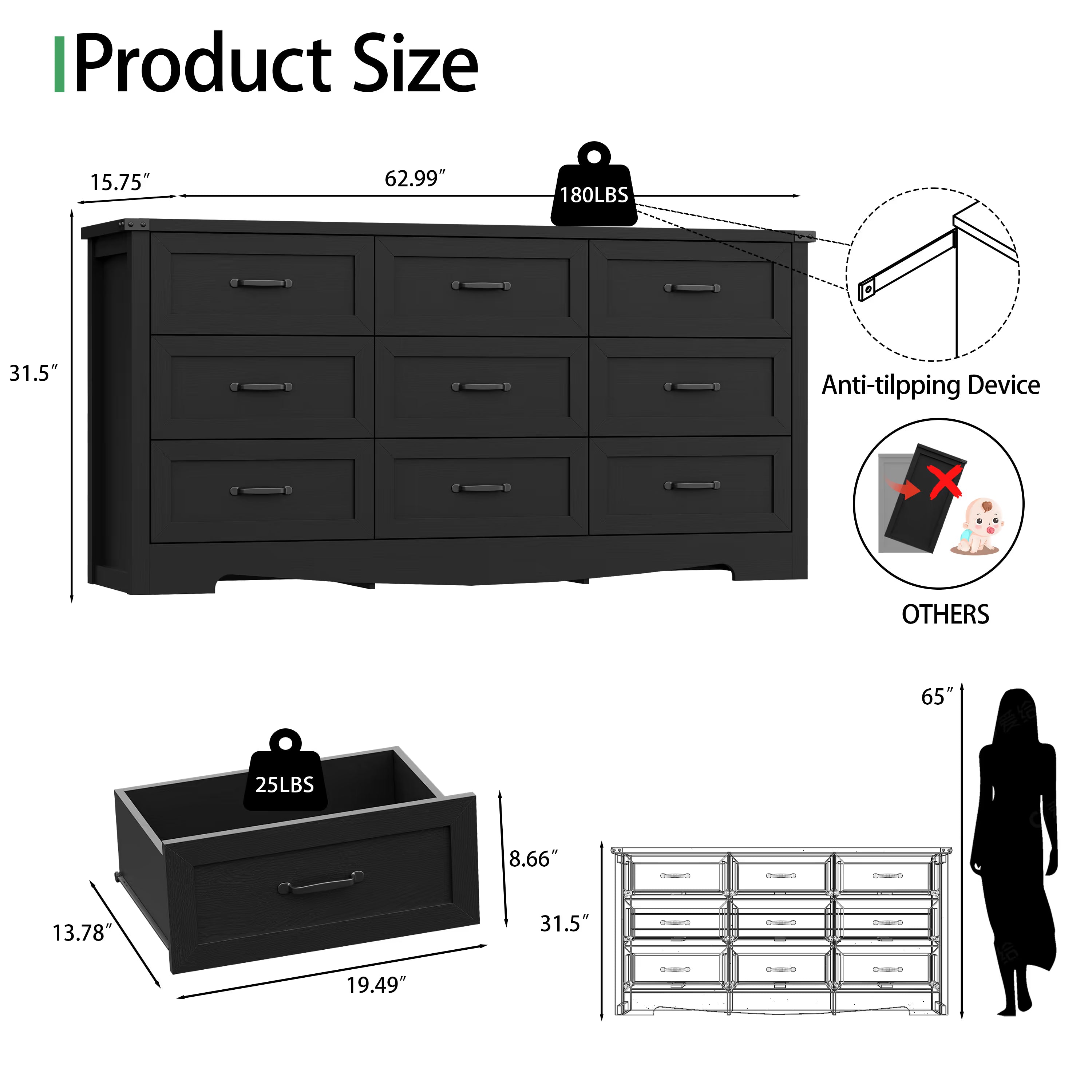Anymaple Marlow Collection Black 9-drawer wide dresser product size dimensions, 63"W x 16"D x 32"H bedroom chest of drawers