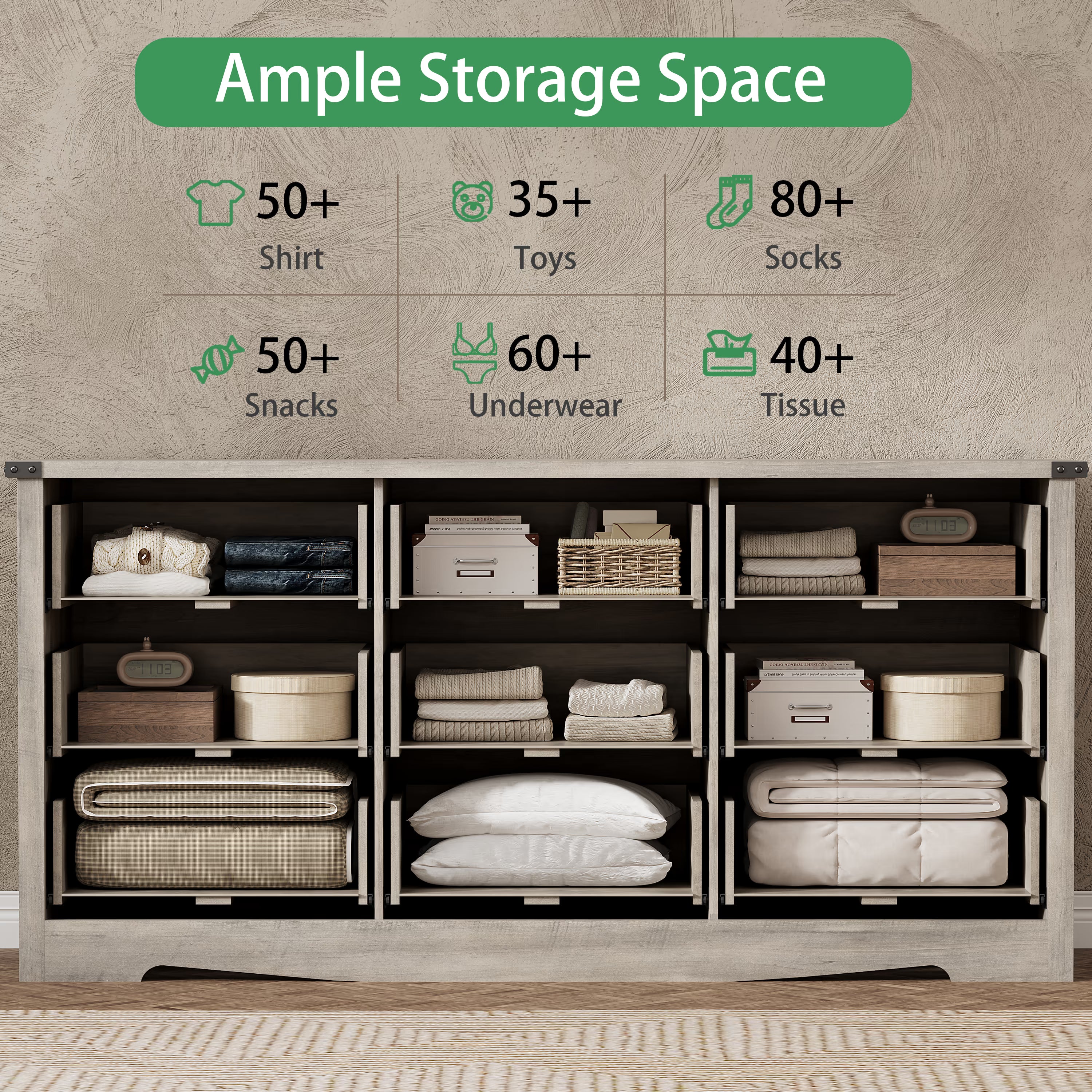 Anymaple Marlow Collection Gray Oak 9-drawer wide dresser with deep storage drawers and black metal handles, ample storage space