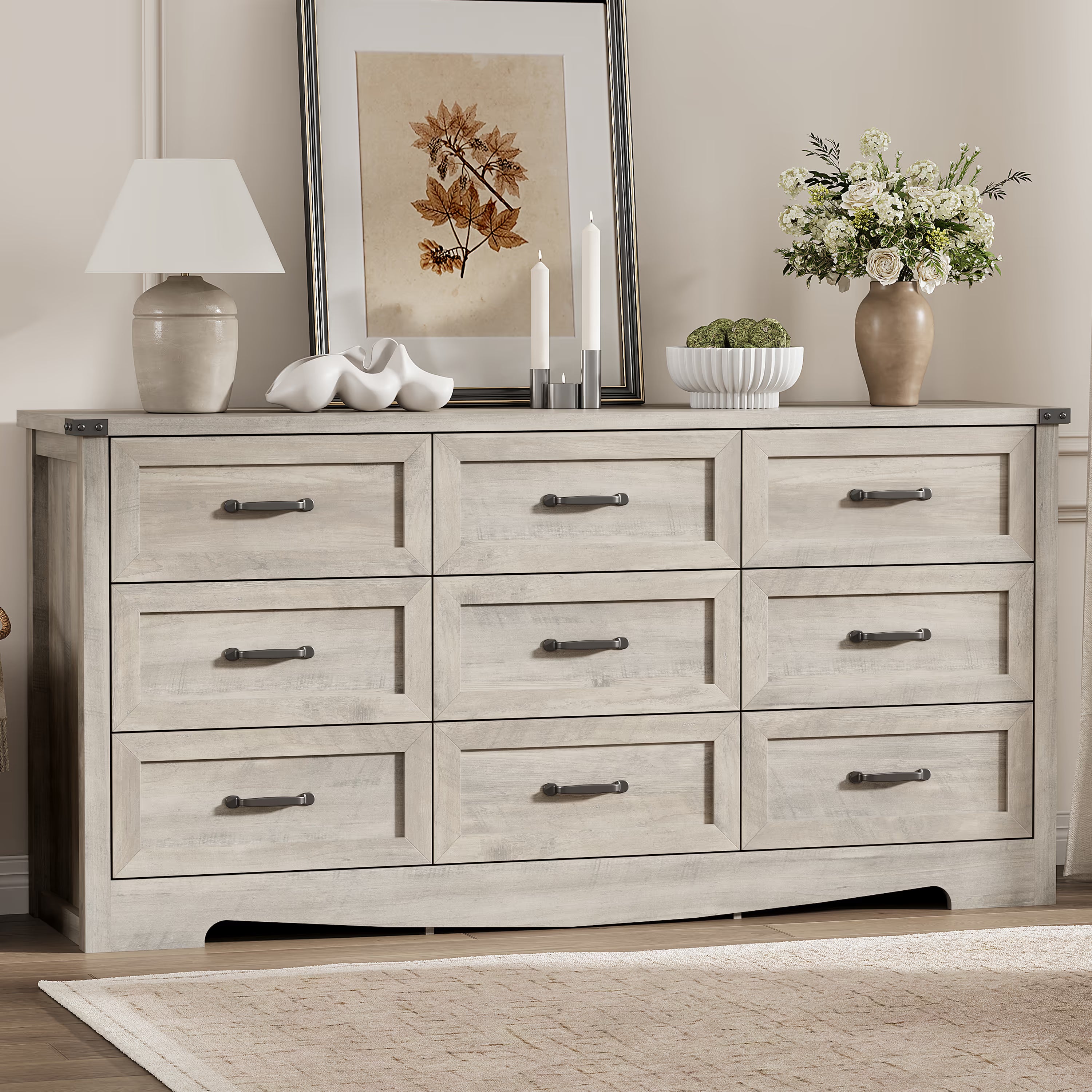 Anymaple Marlow Collection Gray Oak 9-drawer wide dresser with deep storage drawers and black metal handles, front storage view