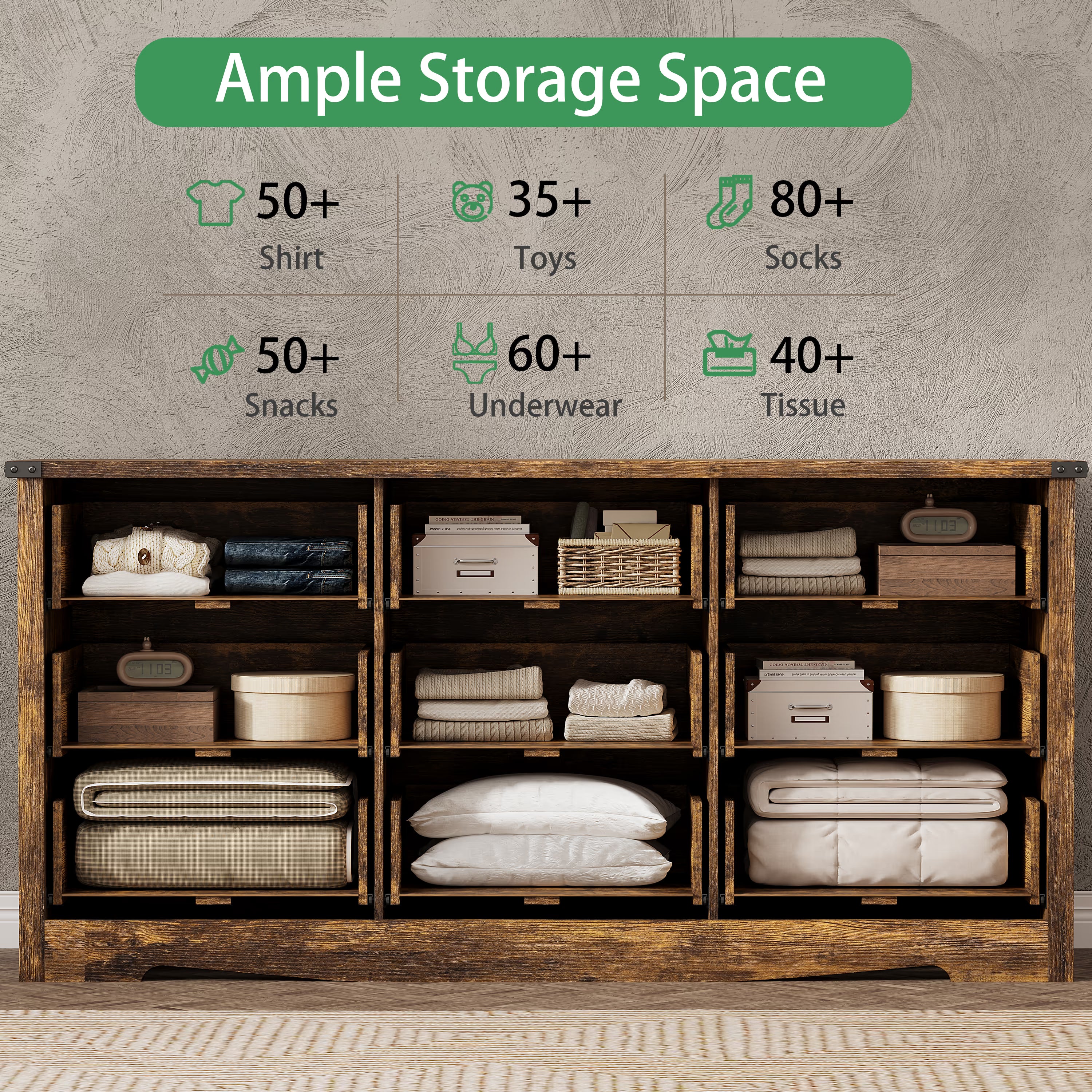 Anymaple Marlow Collection Rustic Brown 9-drawer wide dresser with deep storage drawers and black metal handles, ample storage space