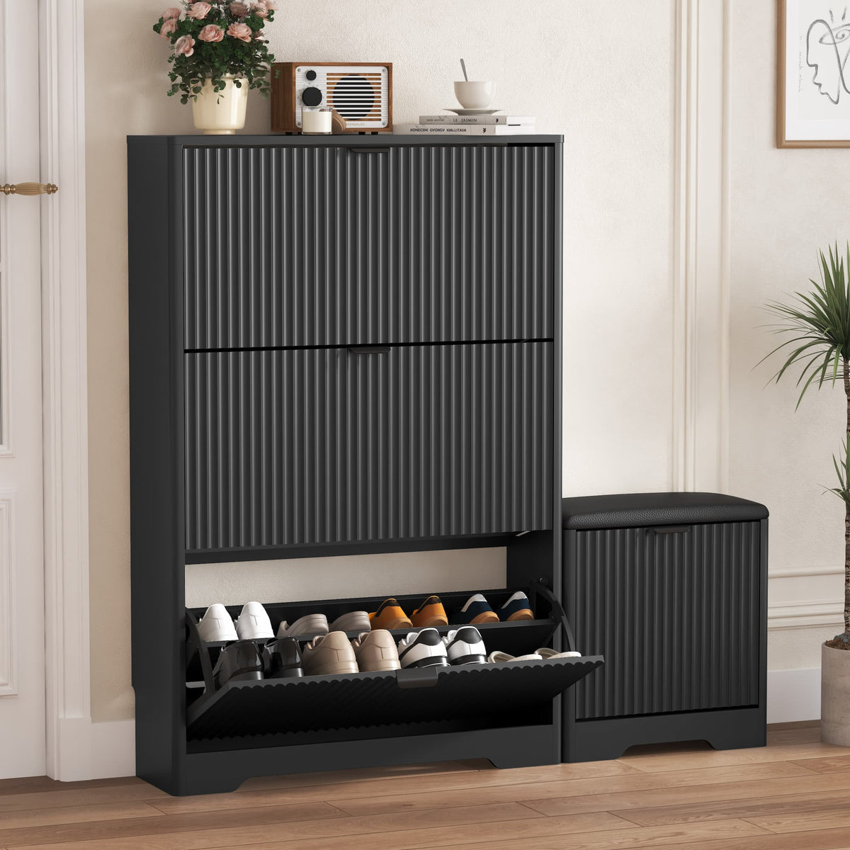 Linea Shoes Cabinet with 3 Flip Drawers & Bench