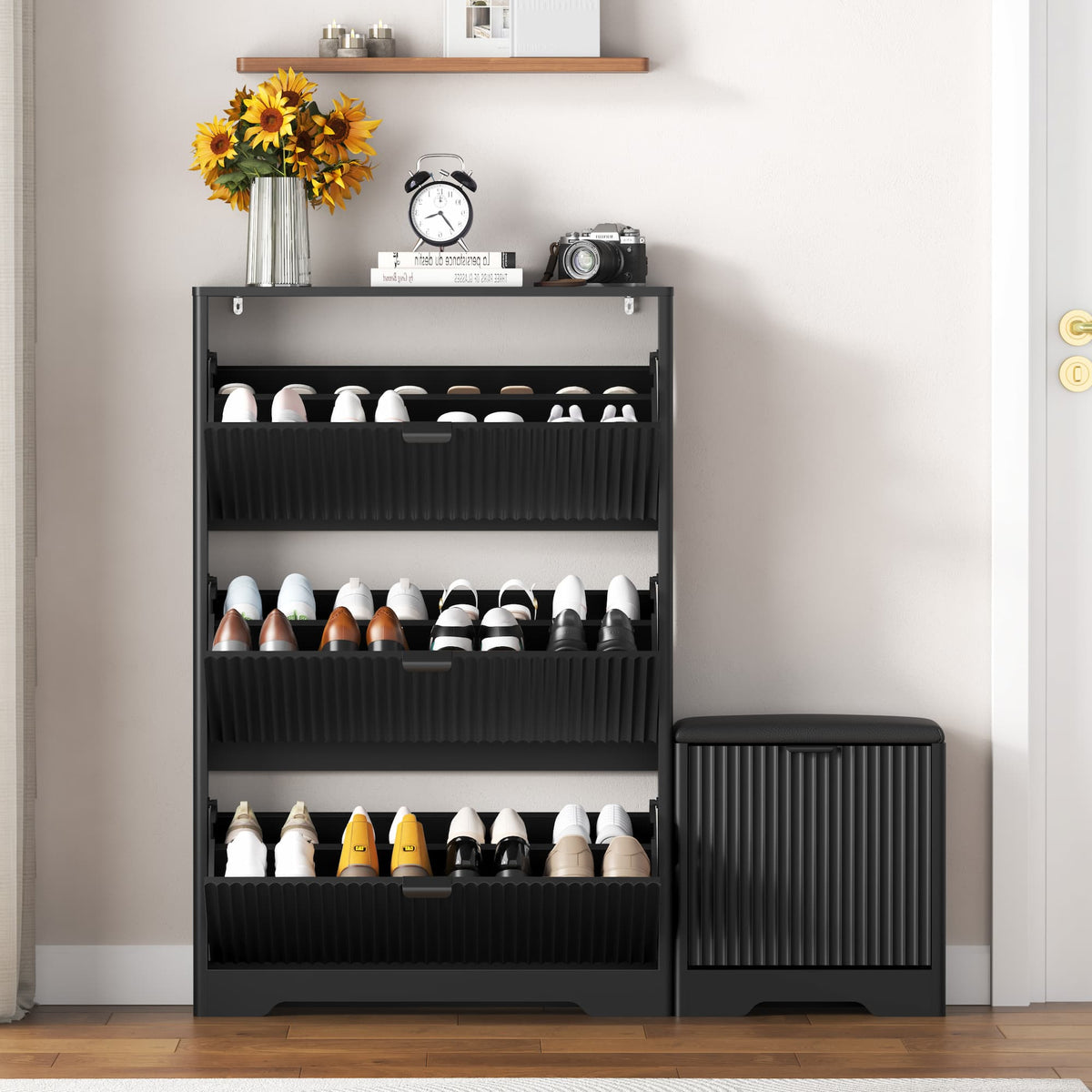 Linea Shoes Cabinet with 3 Flip Drawers & Bench